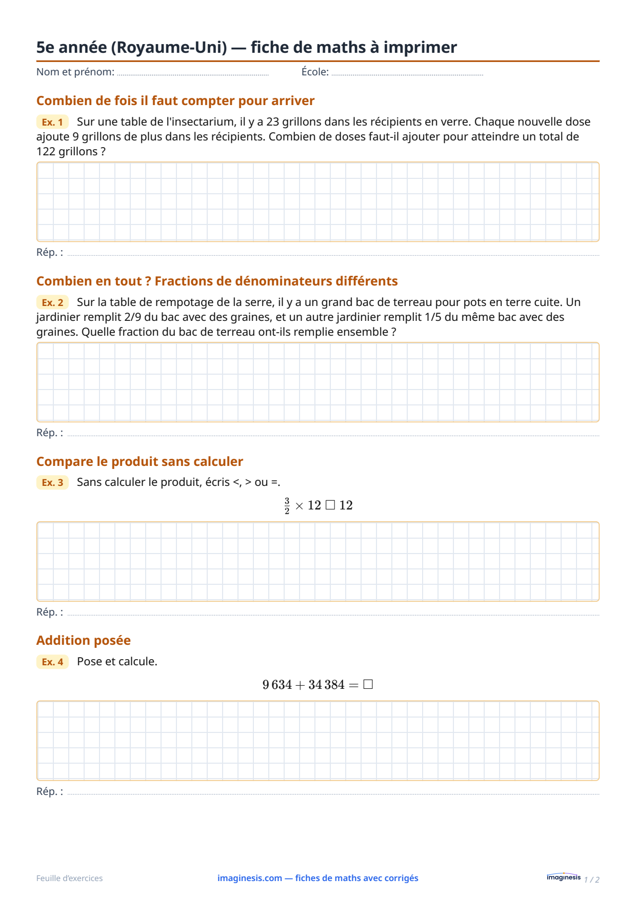 5e année (Royaume-Uni) — fiche de maths à imprimer — Fiche élève : fiche de maths à imprimer (5e année, Royaume-Uni)