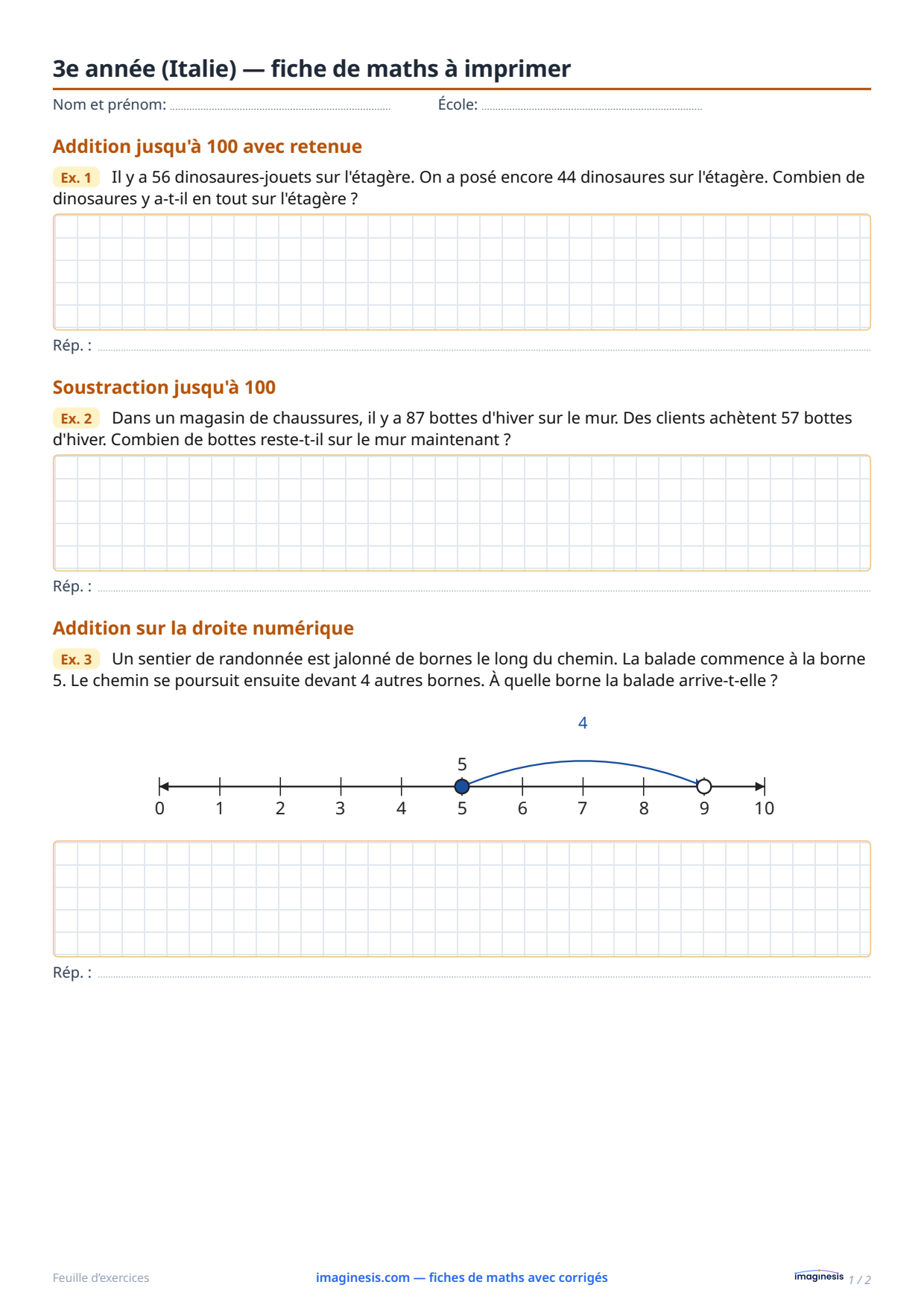 3e année (Italie) — fiche de maths à imprimer — Fiche élève : fiche de maths à imprimer (3e année, Italie)