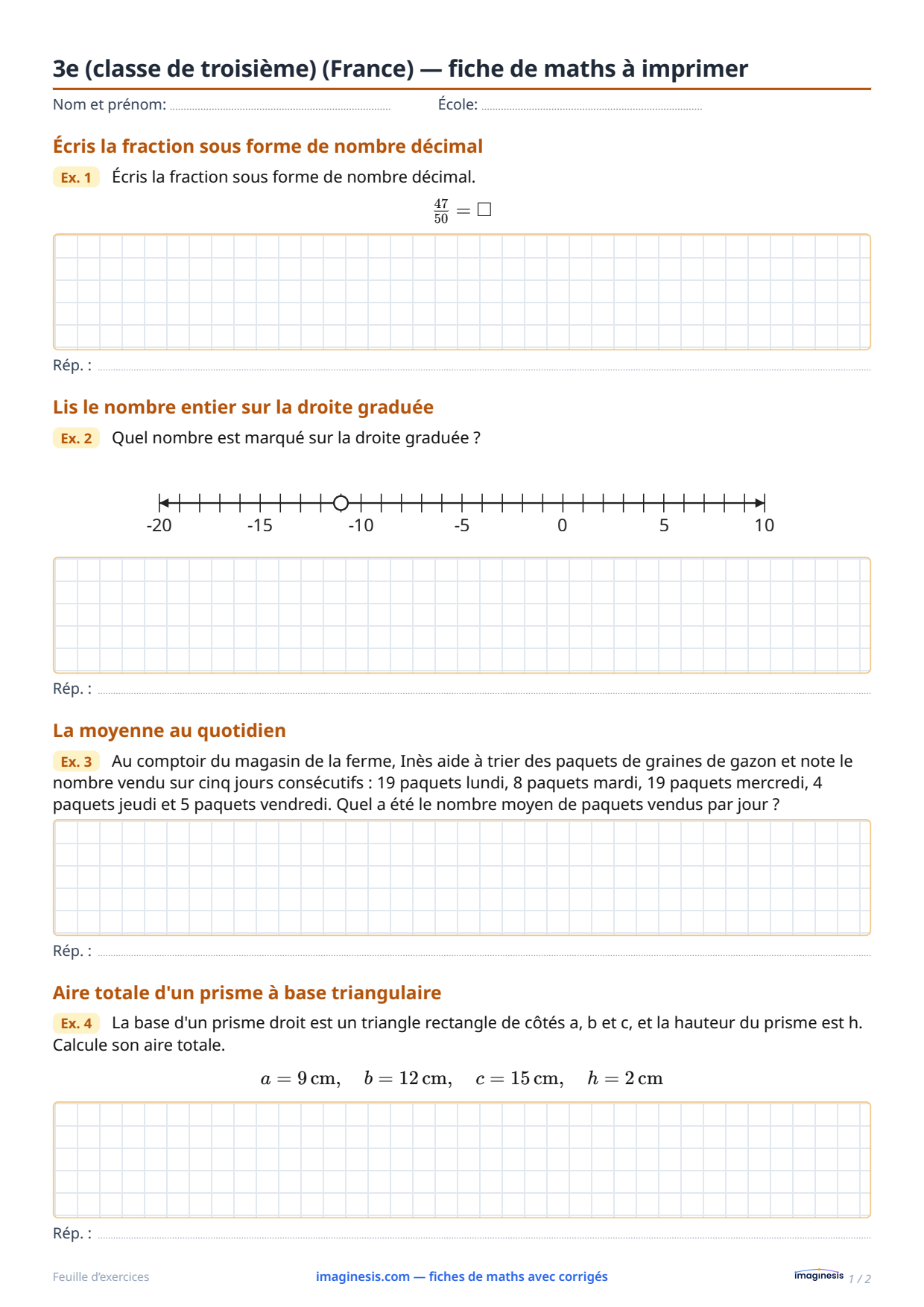 3e (classe de troisième) (France) — fiche de maths à imprimer — Fiche élève : fiche de maths à imprimer (3e (classe de troisième), France)