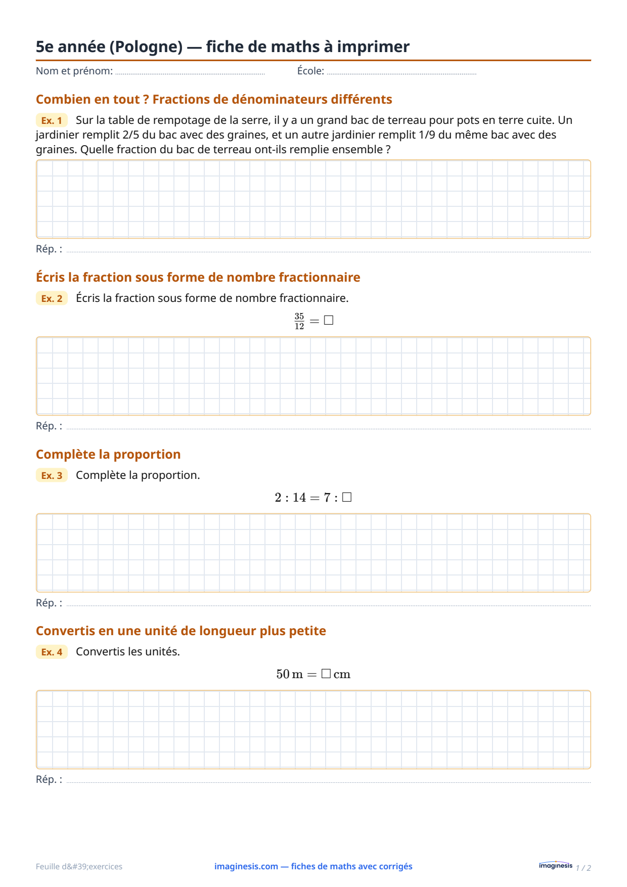 5e année (Pologne) — fiche de maths à imprimer — Fiche élève : fiche de maths à imprimer (5e année, Pologne)