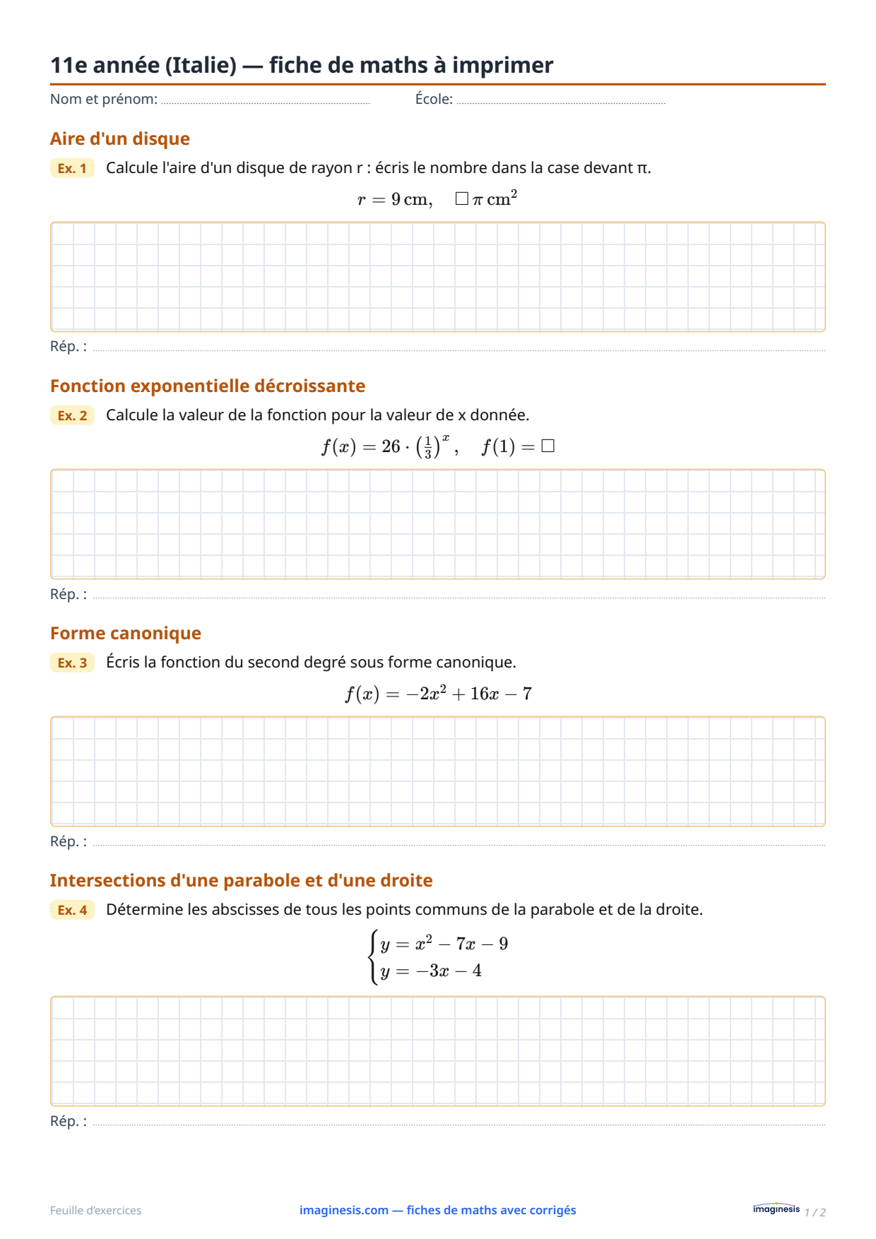 11e année (Italie) — fiche de maths à imprimer — Fiche élève : fiche de maths à imprimer (11e année, Italie)