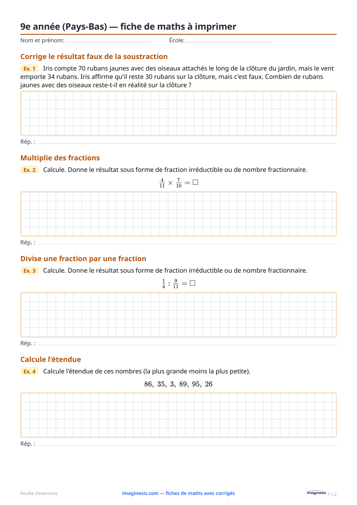 9e année (Pays-Bas) — fiche de maths à imprimer — Fiche élève : fiche de maths à imprimer (9e année, Pays-Bas)