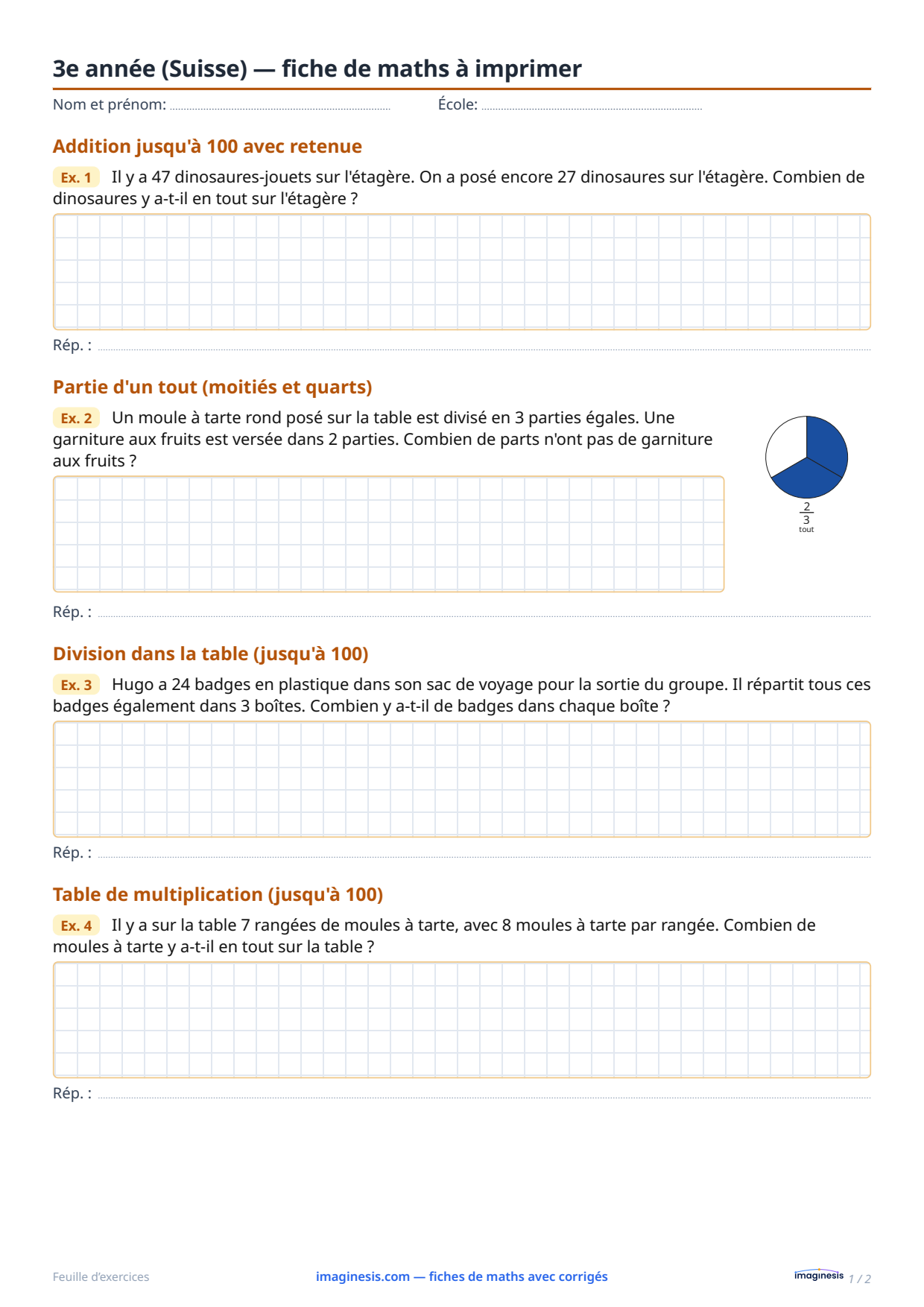 3e année (Suisse) — fiche de maths à imprimer — Fiche élève : fiche de maths à imprimer (3e année, Suisse)