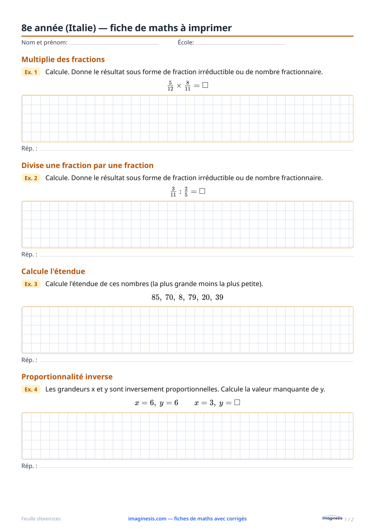 8e année (Italie) — fiche de maths à imprimer — Fiche élève : fiche de maths à imprimer (8e année, Italie)