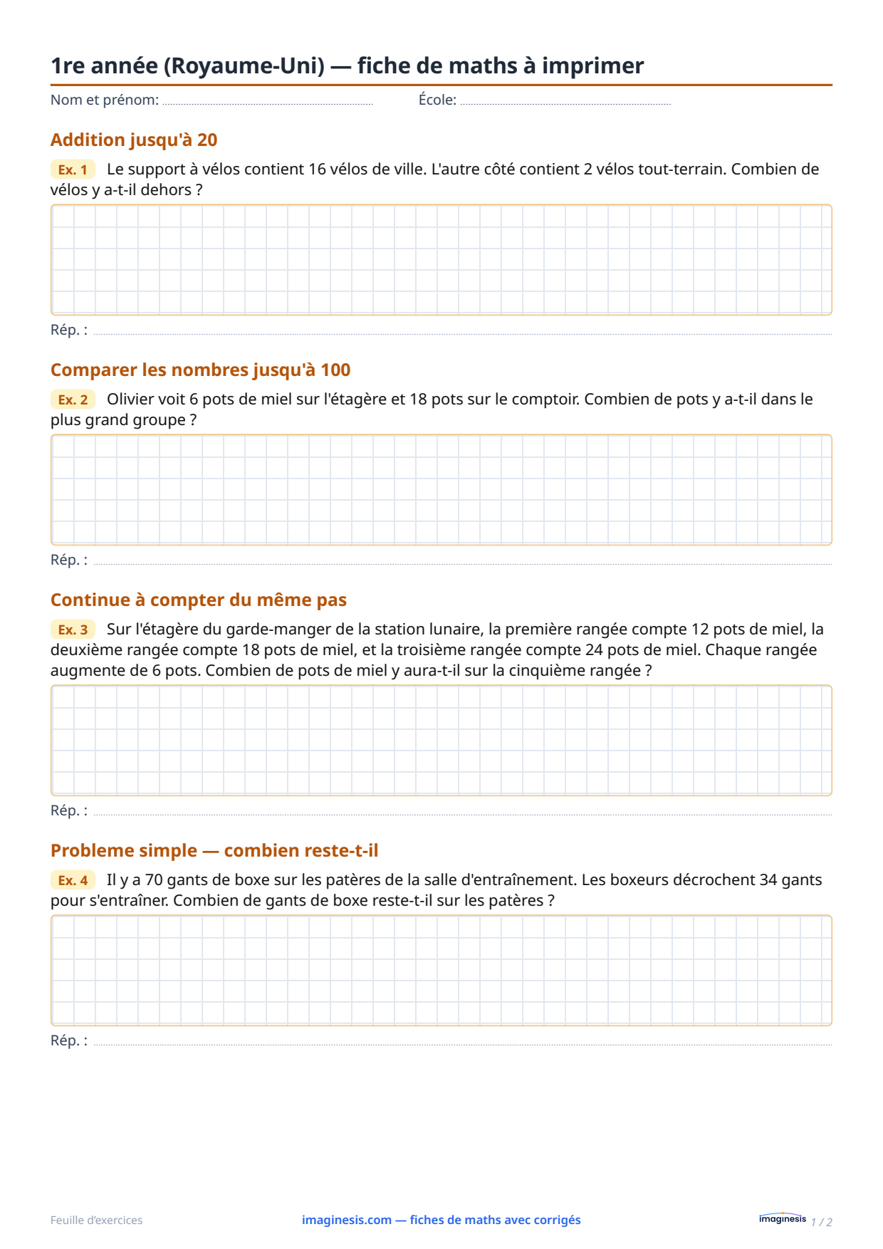 1re année (Royaume-Uni) — fiche de maths à imprimer — Fiche élève : fiche de maths à imprimer (1re année, Royaume-Uni)