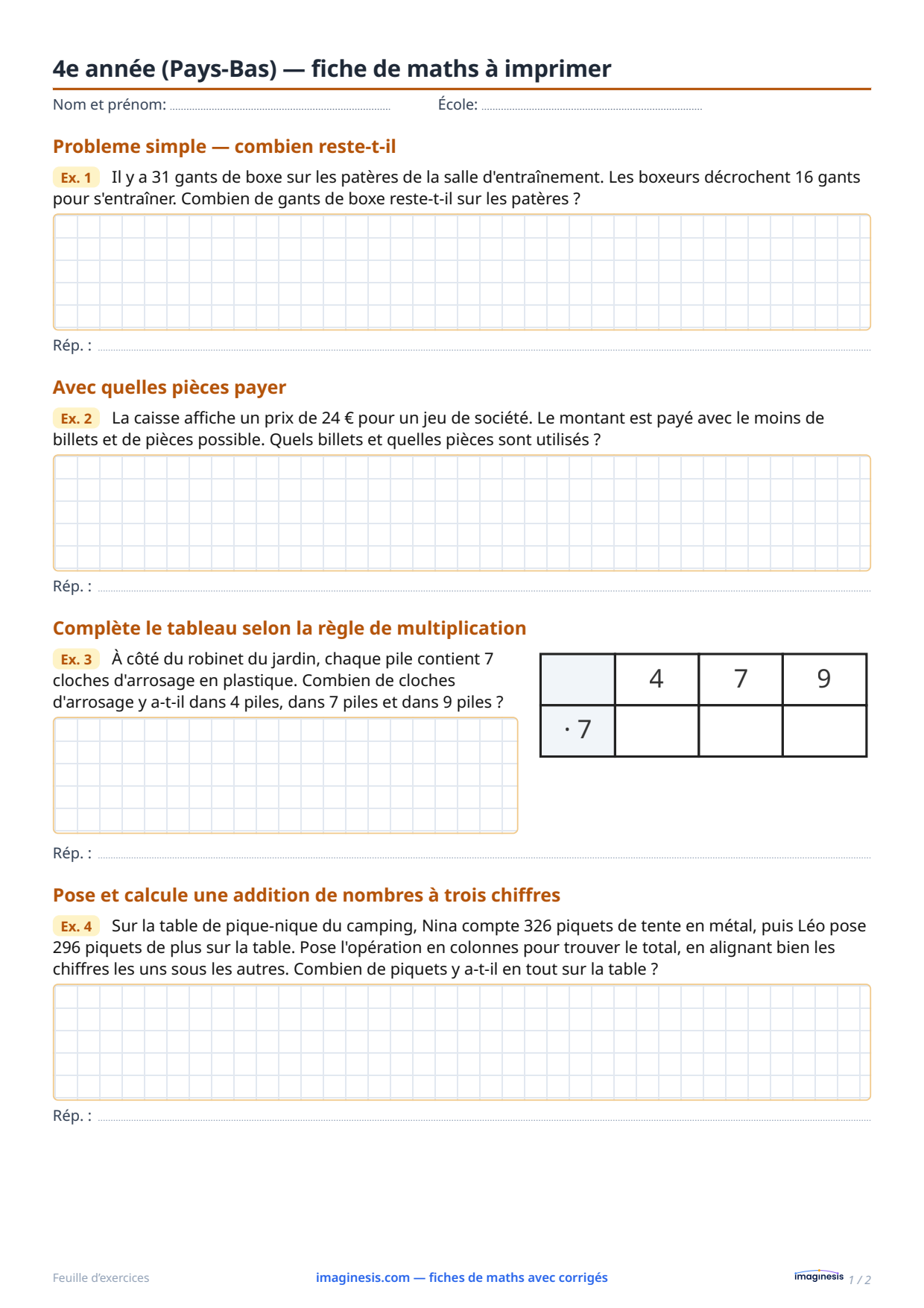 4e année (Pays-Bas) — fiche de maths à imprimer — Fiche élève : fiche de maths à imprimer (4e année, Pays-Bas)