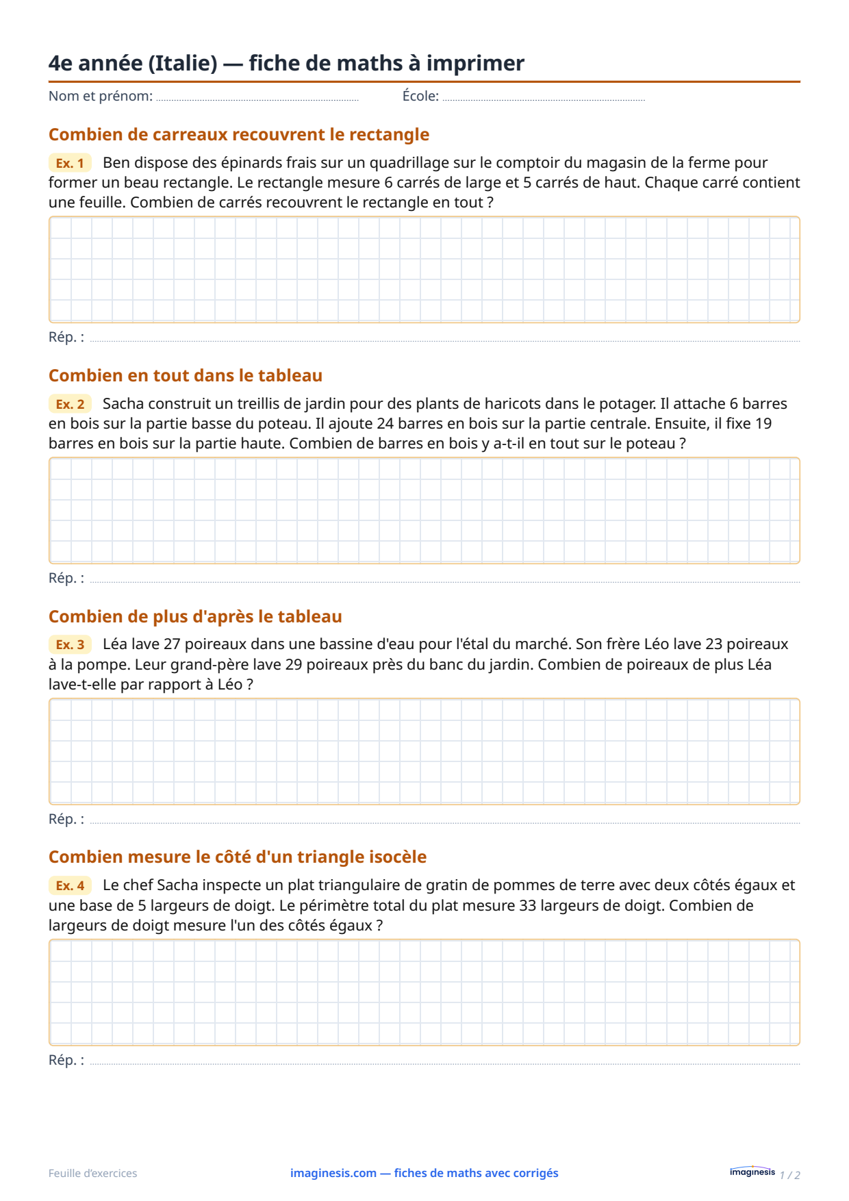 4e année (Italie) — fiche de maths à imprimer — Fiche élève : fiche de maths à imprimer (4e année, Italie)
