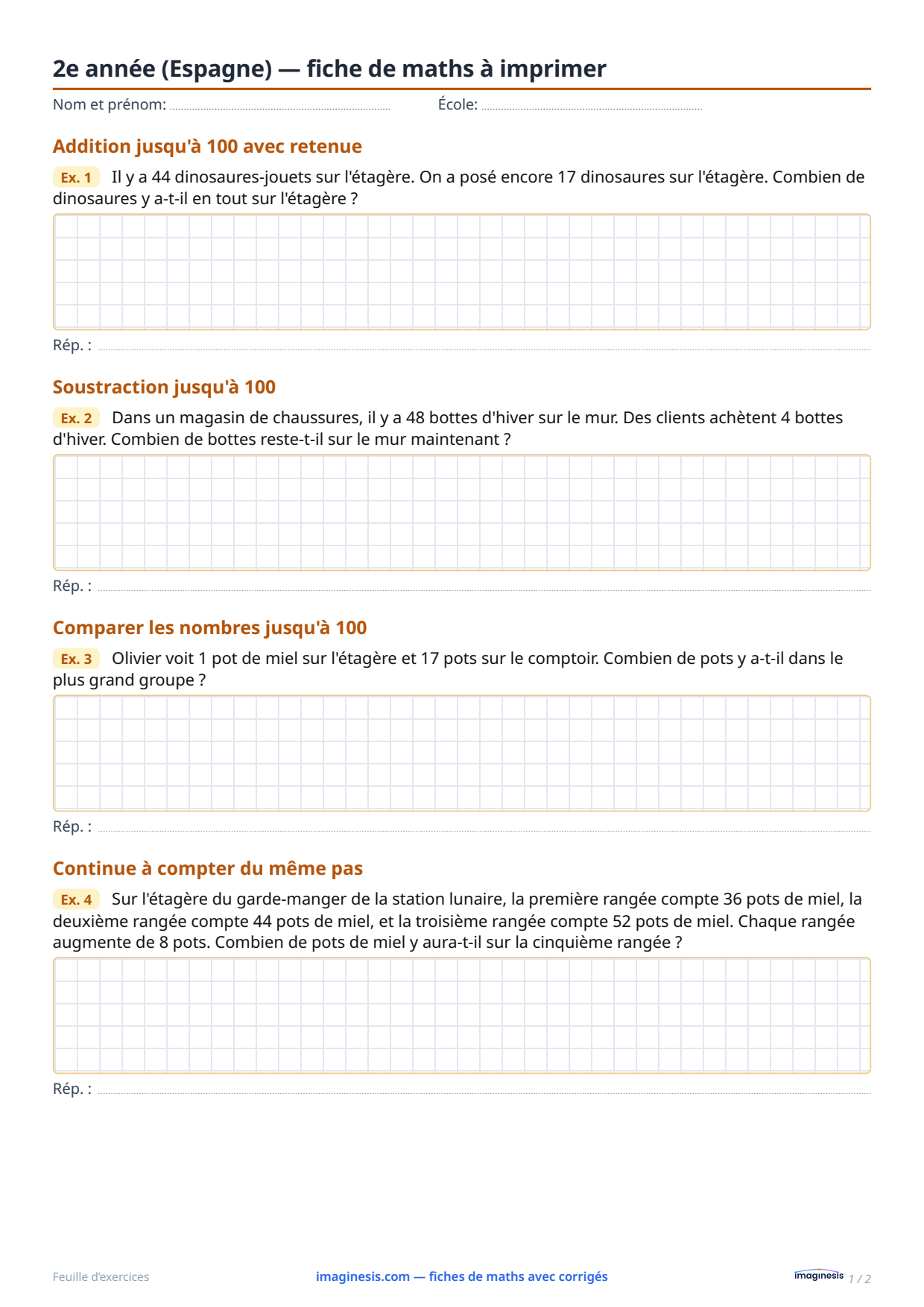2e année (Espagne) — fiche de maths à imprimer — Fiche élève : fiche de maths à imprimer (2e année, Espagne)