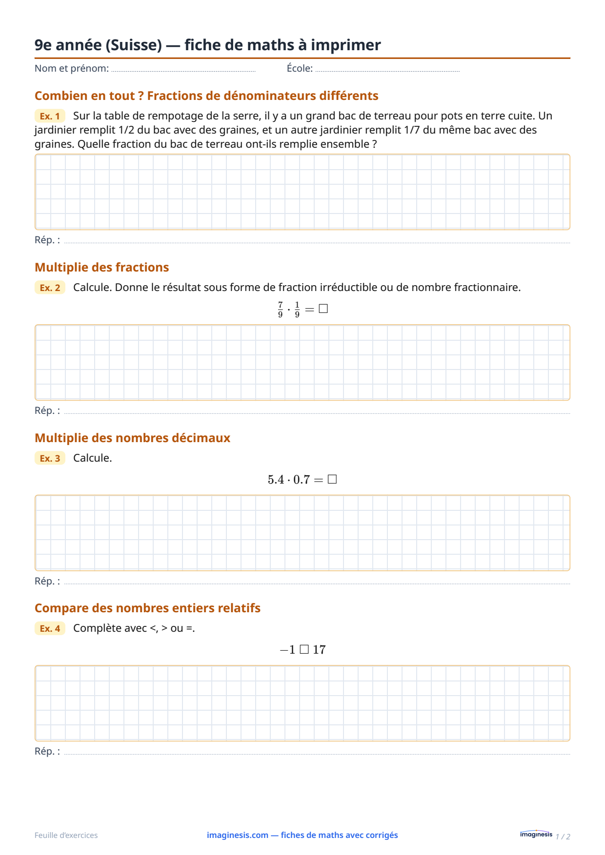 9e année (Suisse) — fiche de maths à imprimer — Fiche élève : fiche de maths à imprimer (9e année, Suisse)