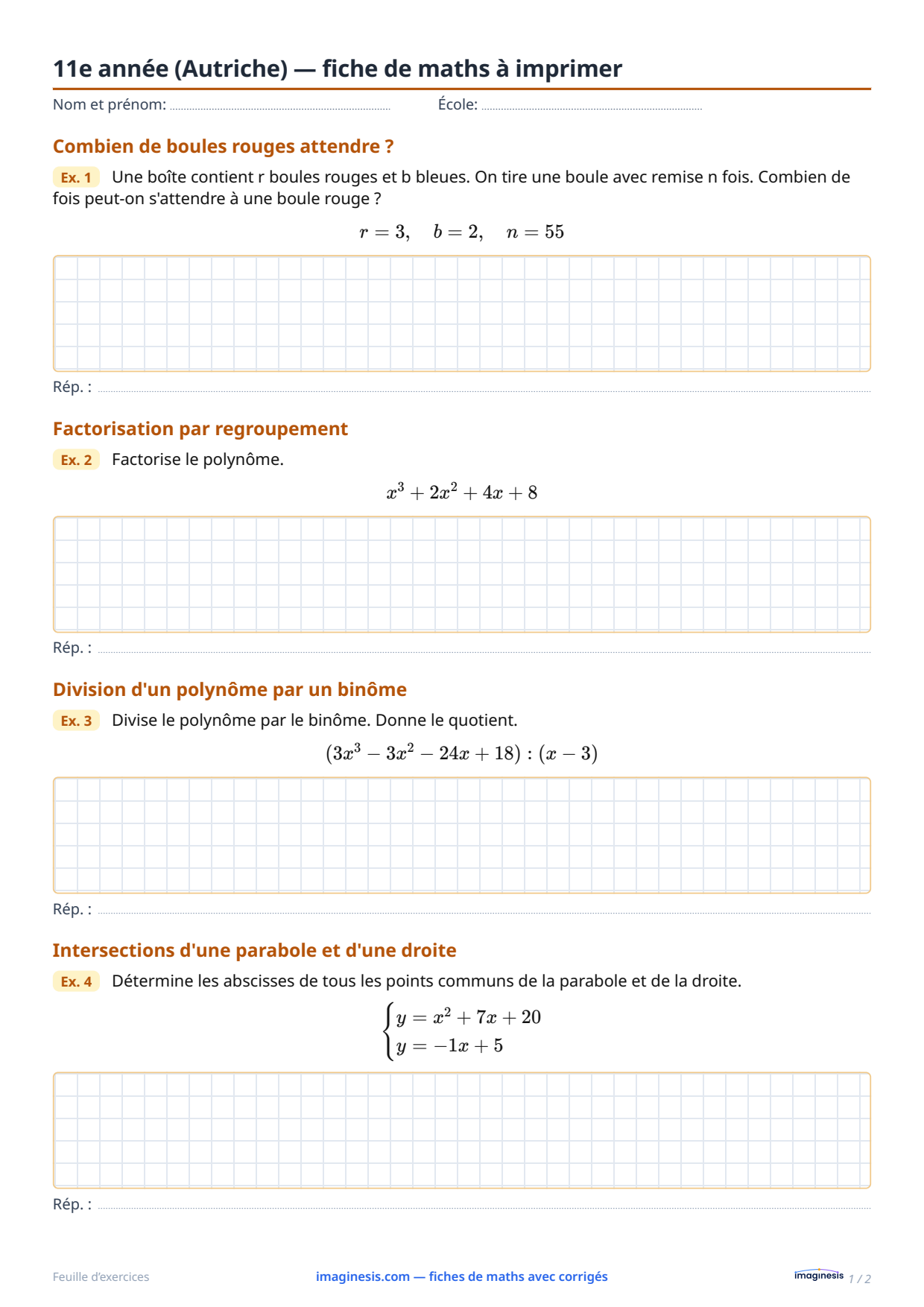 11e année (Autriche) — fiche de maths à imprimer — Fiche élève : fiche de maths à imprimer (11e année, Autriche)