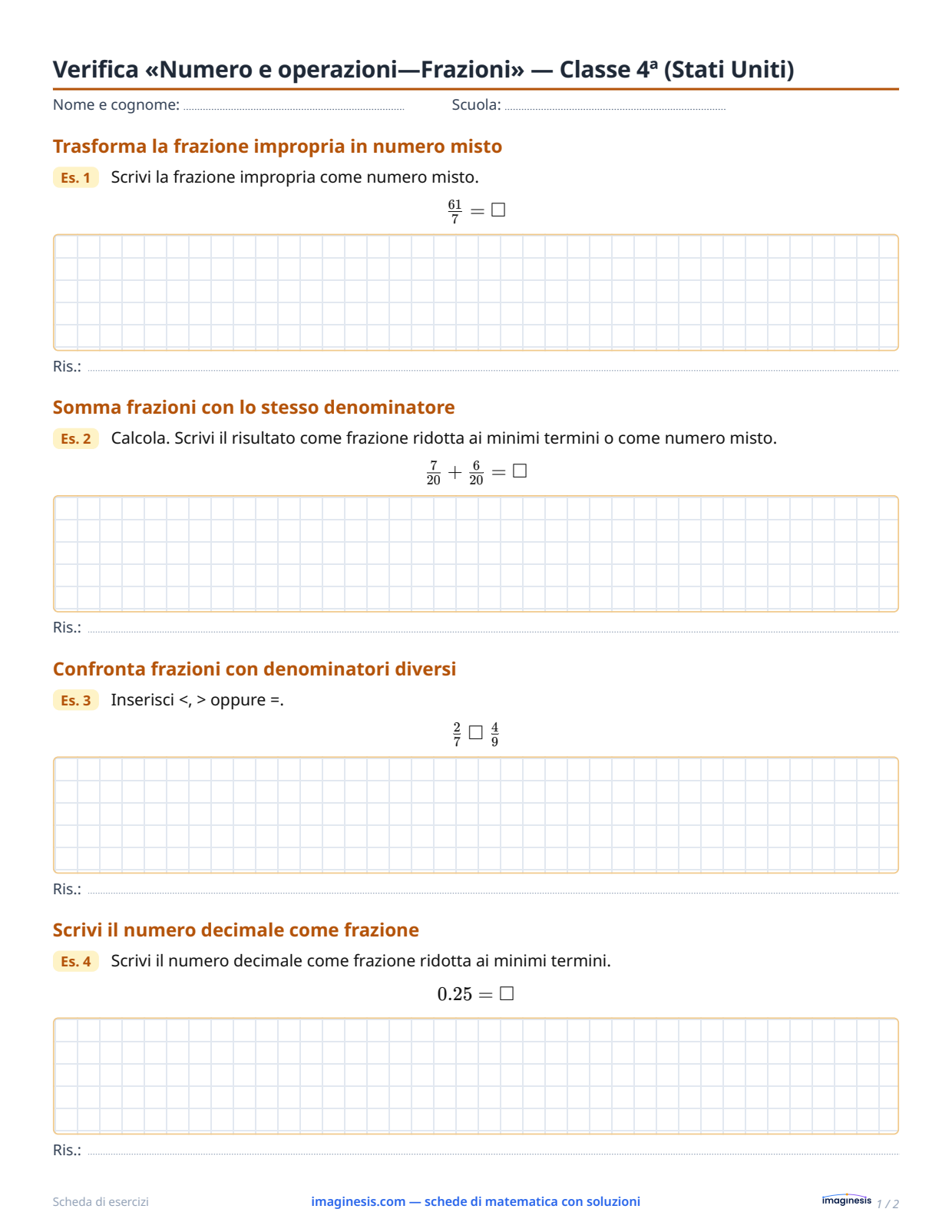 Verifica «Numero e operazioni—Frazioni» — Classe 4ª (Stati Uniti) — Scheda dello studente: scheda di matematica da stampare (Classe 4ª, Stati Uniti)