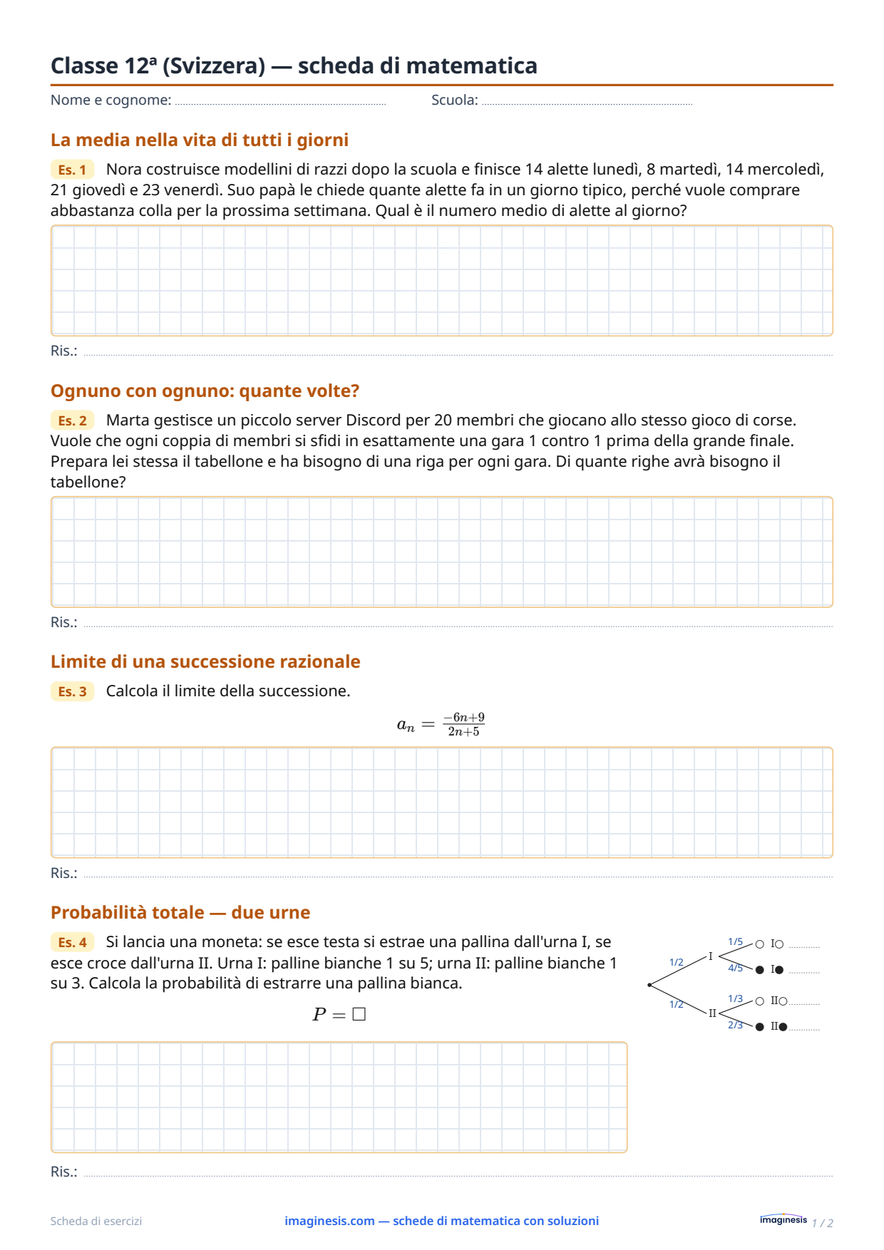 Classe 12ª (Svizzera) — scheda di matematica — Scheda dello studente: scheda di matematica da stampare (Classe 12ª, Svizzera)