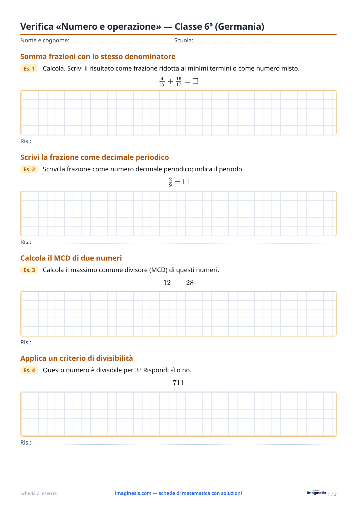 Verifica «Numero e operazione» — Classe 6ª (Germania) — Scheda dello studente: scheda di matematica da stampare (Classe 6ª, Germania)
