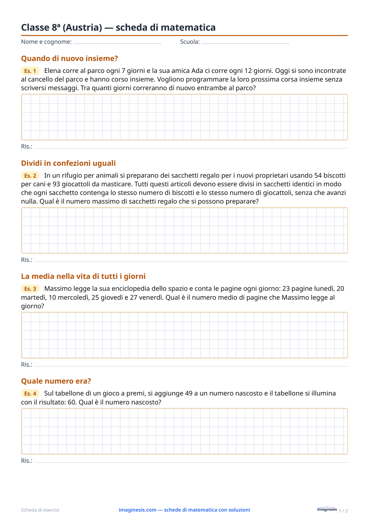 Classe 8ª (Austria) — scheda di matematica — Scheda dello studente: scheda di matematica da stampare (Classe 8ª, Austria)