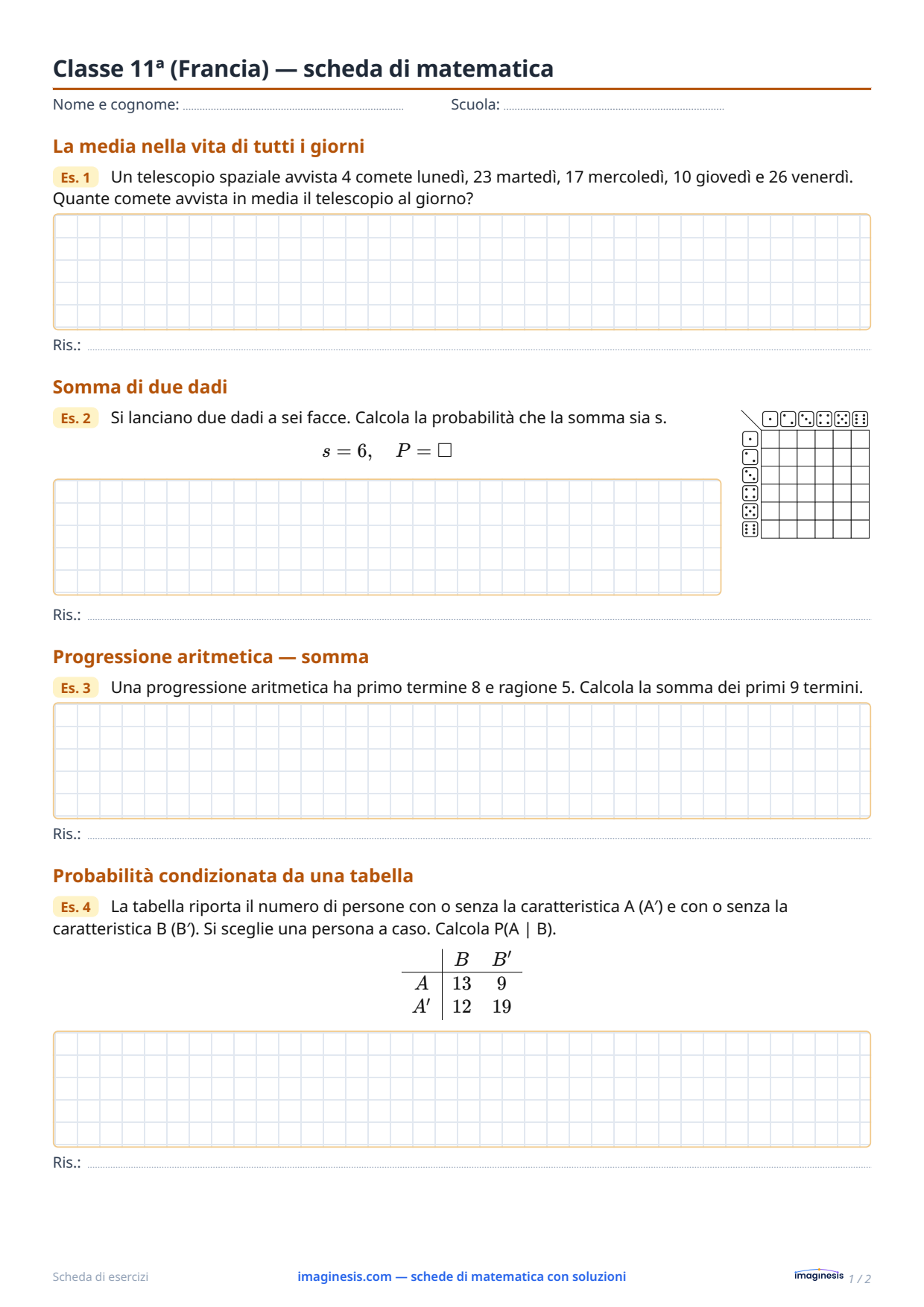 Classe 11ª (Francia) — scheda di matematica — Scheda dello studente: scheda di matematica da stampare (Classe 11ª, Francia)