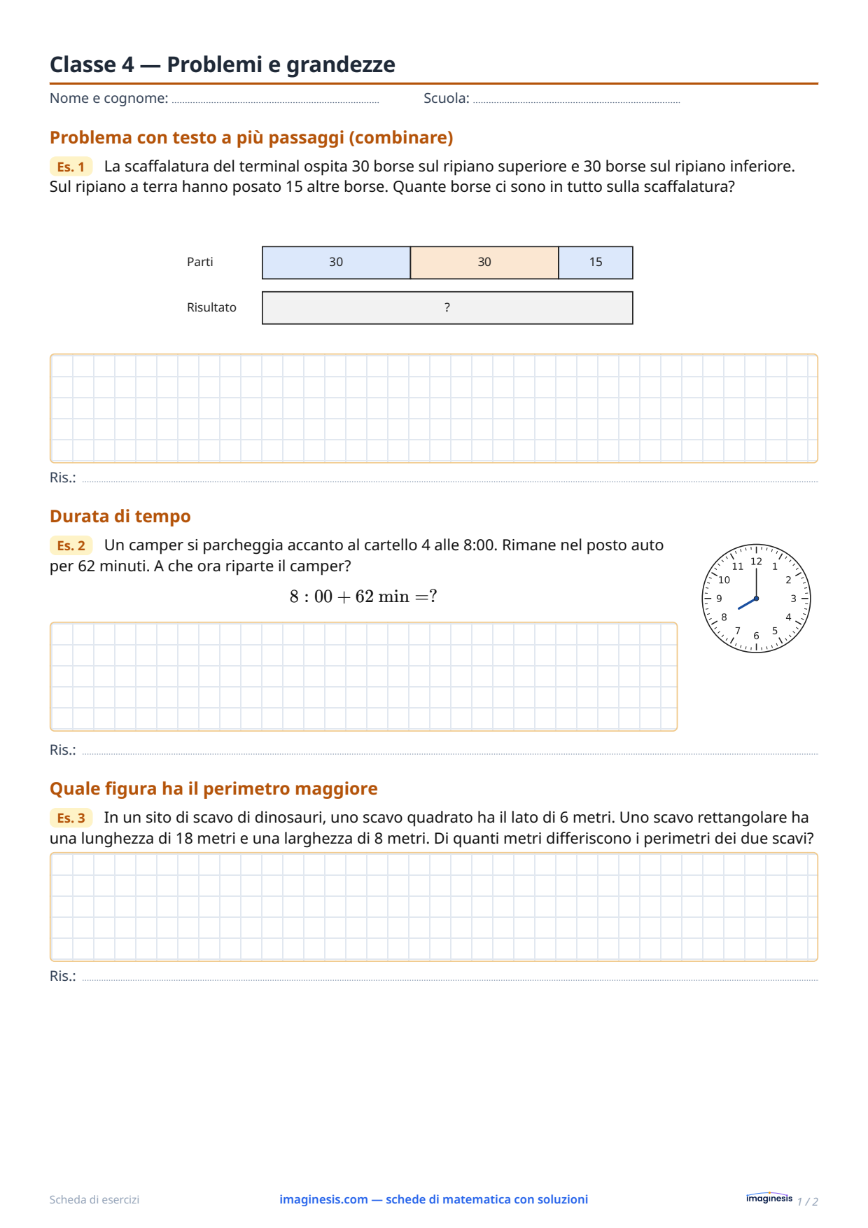 Classe 4 — Problemi e grandezze — Scheda dello studente: scheda di matematica da stampare (Classe 4ª, Germania)