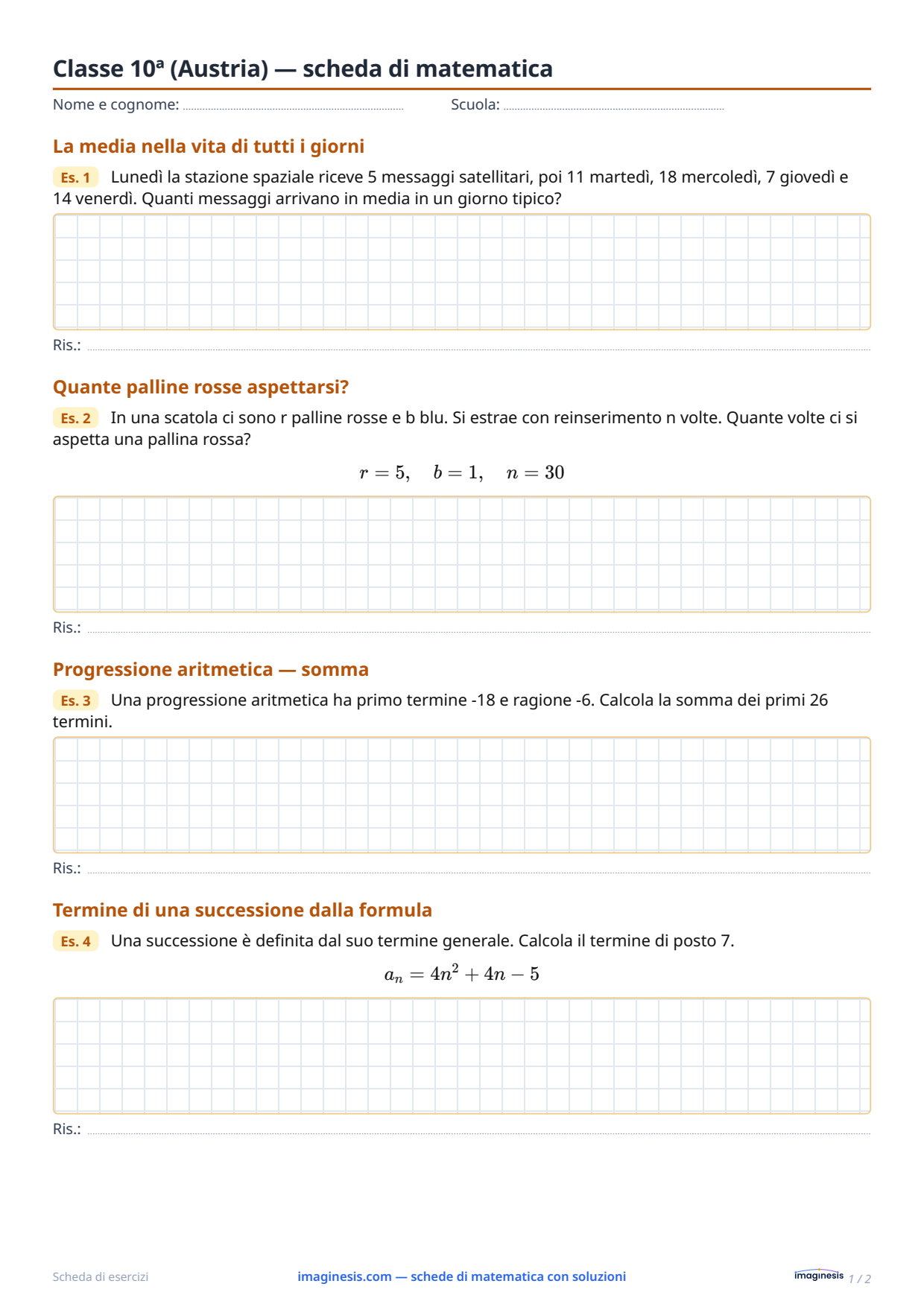 Classe 10ª (Austria) — scheda di matematica — Scheda dello studente: scheda di matematica da stampare (Classe 10ª, Austria)