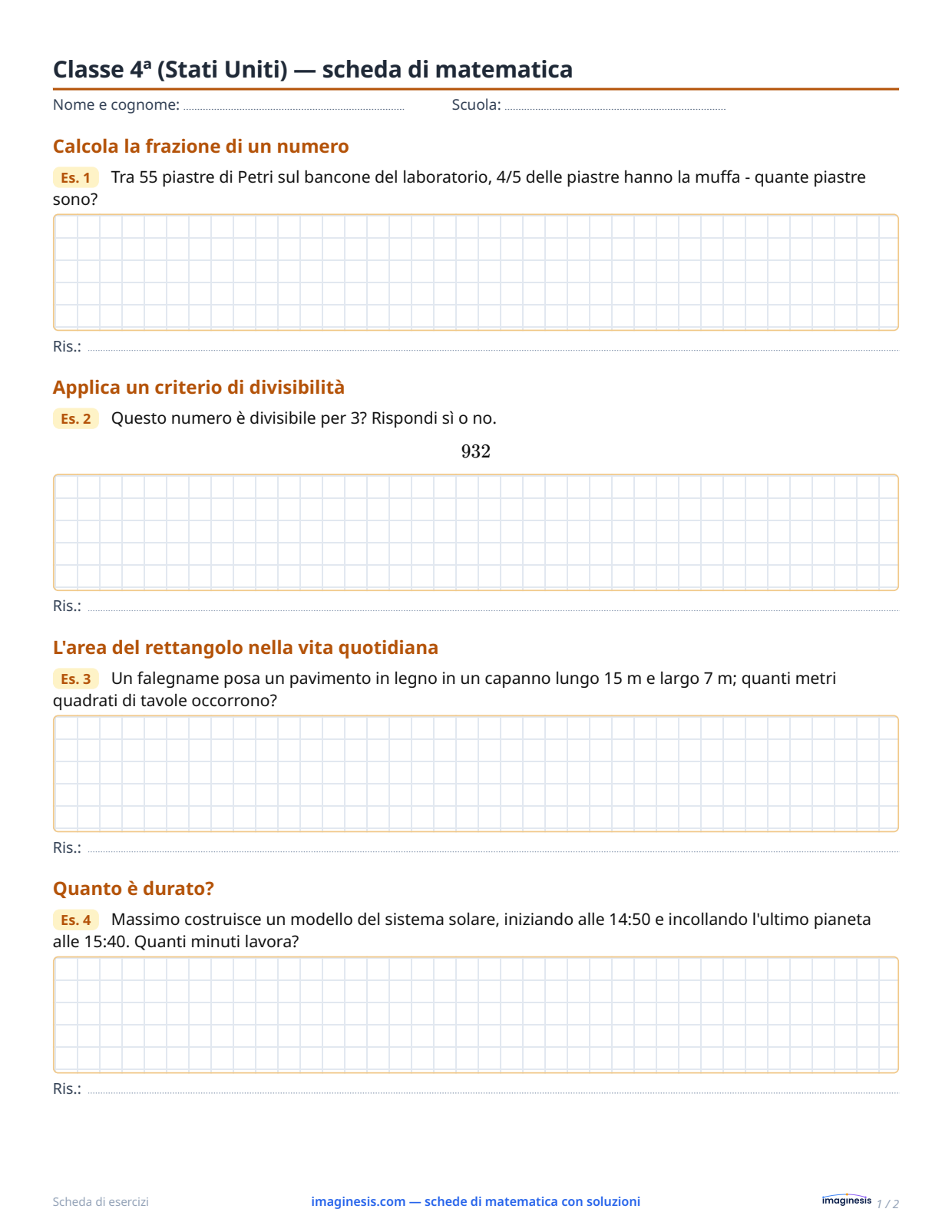 Classe 4ª (Stati Uniti) — scheda di matematica — Scheda dello studente: scheda di matematica da stampare (Classe 4ª, Stati Uniti)