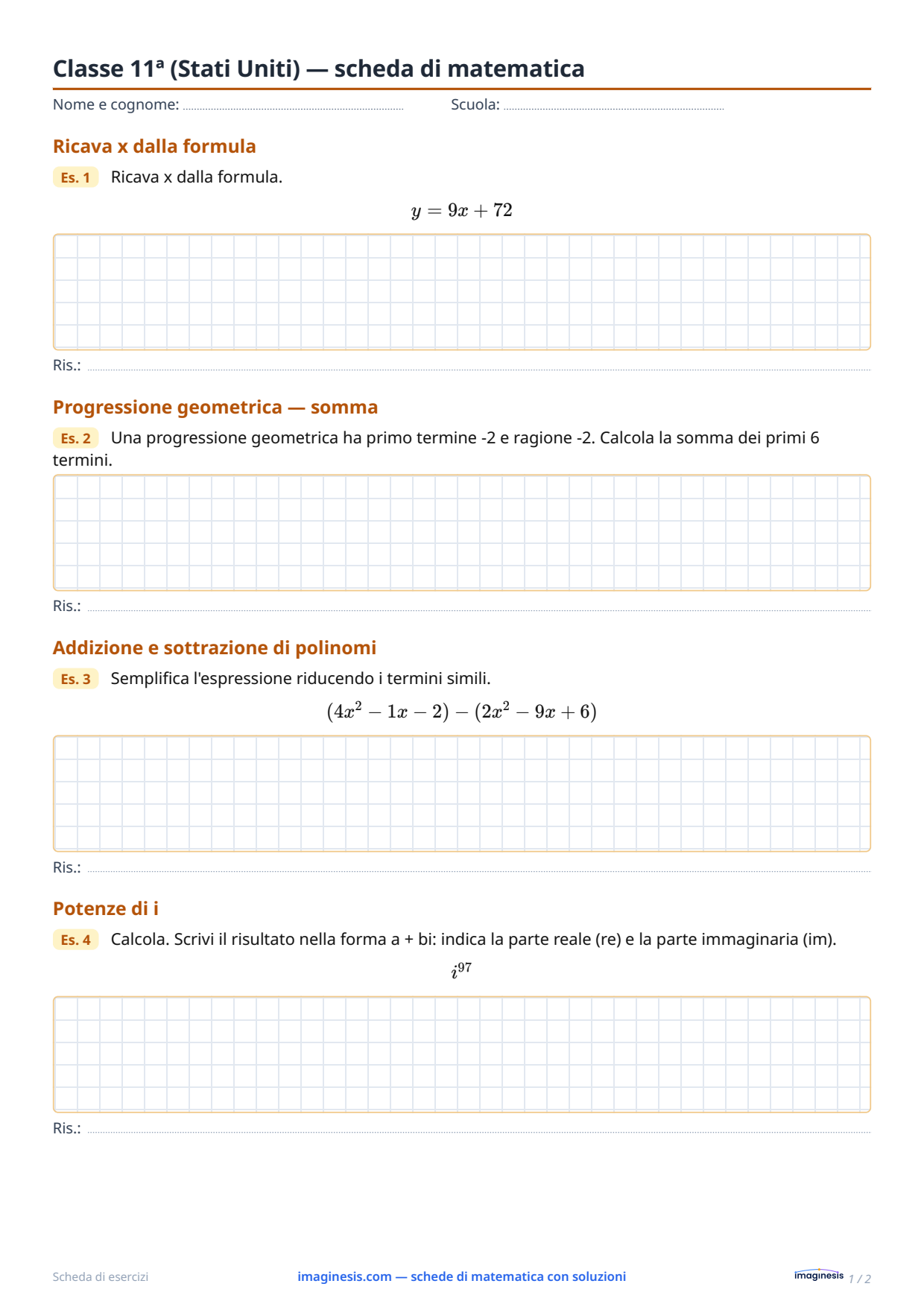 Classe 11ª (Stati Uniti) — scheda di matematica — Scheda dello studente: scheda di matematica da stampare (Classe 11ª, Stati Uniti)