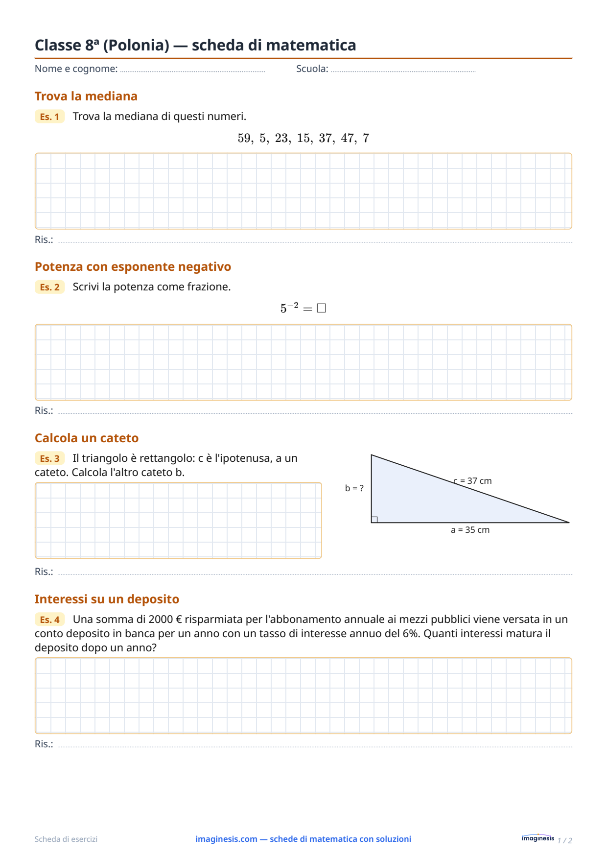 Classe 8ª (Polonia) — scheda di matematica — Scheda dello studente: scheda di matematica da stampare (Classe 8ª, Polonia)