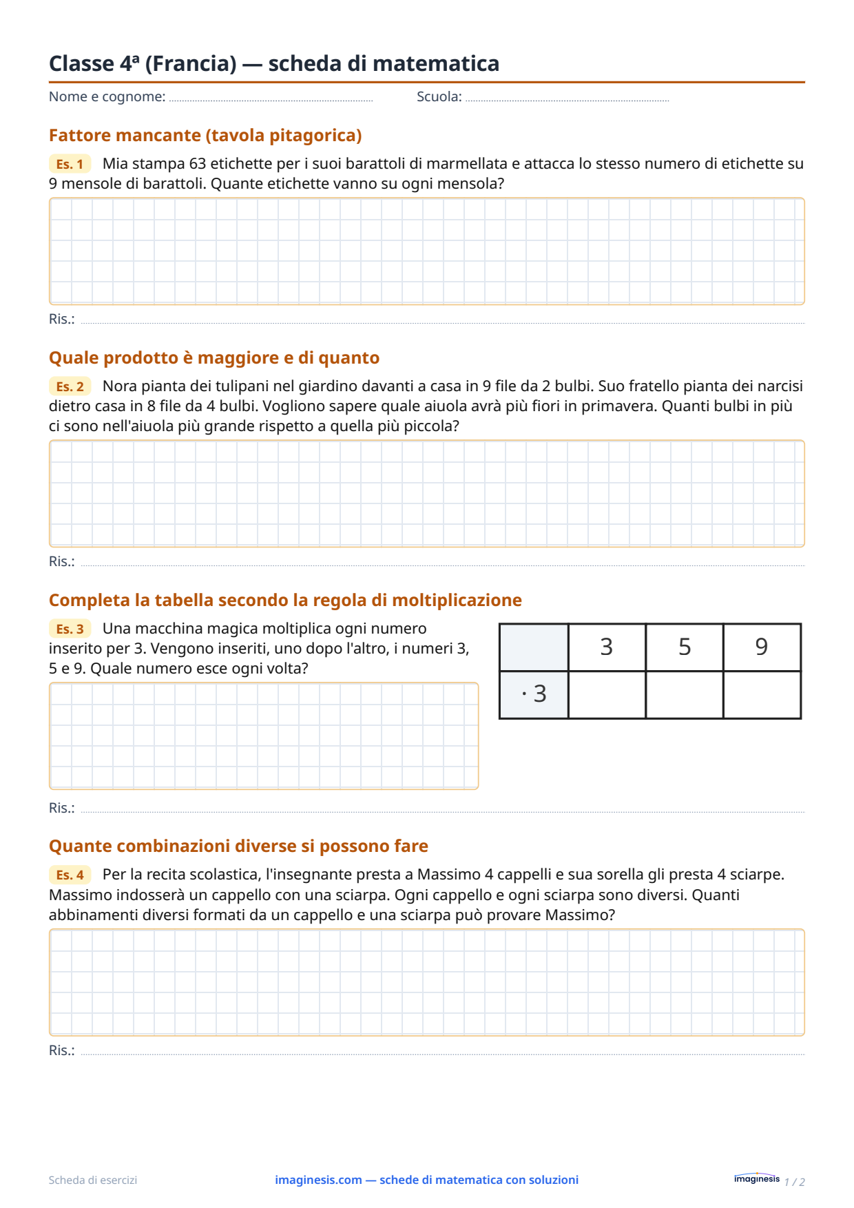 Classe 4ª (Francia) — scheda di matematica — Scheda dello studente: scheda di matematica da stampare (Classe 4ª, Francia)