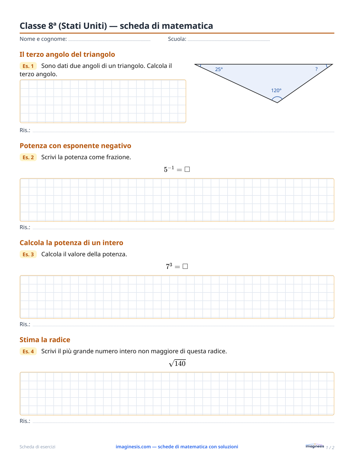 Classe 8ª (Stati Uniti) — scheda di matematica — Scheda dello studente: scheda di matematica da stampare (Classe 8ª, Stati Uniti)