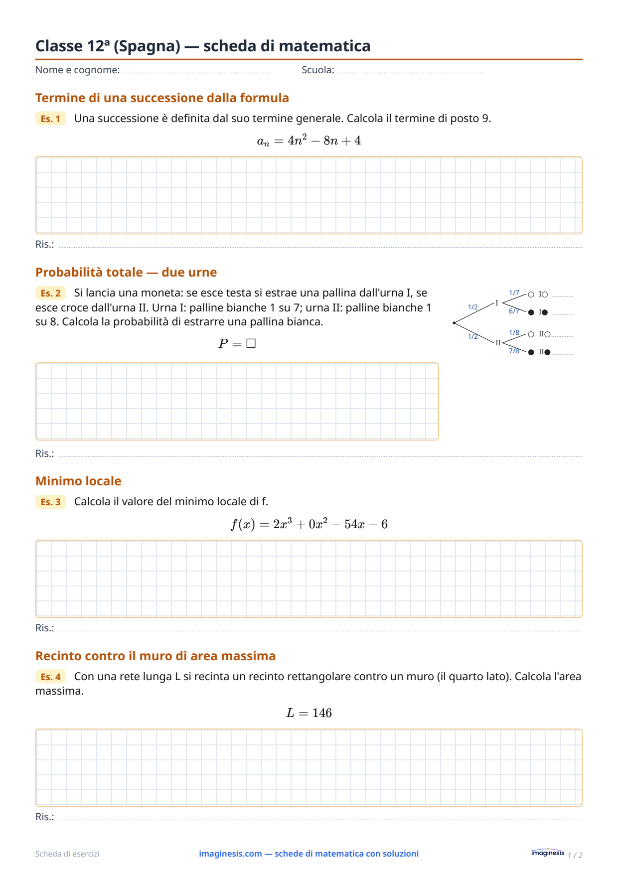 Classe 12ª (Spagna) — scheda di matematica — Scheda dello studente: scheda di matematica da stampare (Classe 12ª, Spagna)
