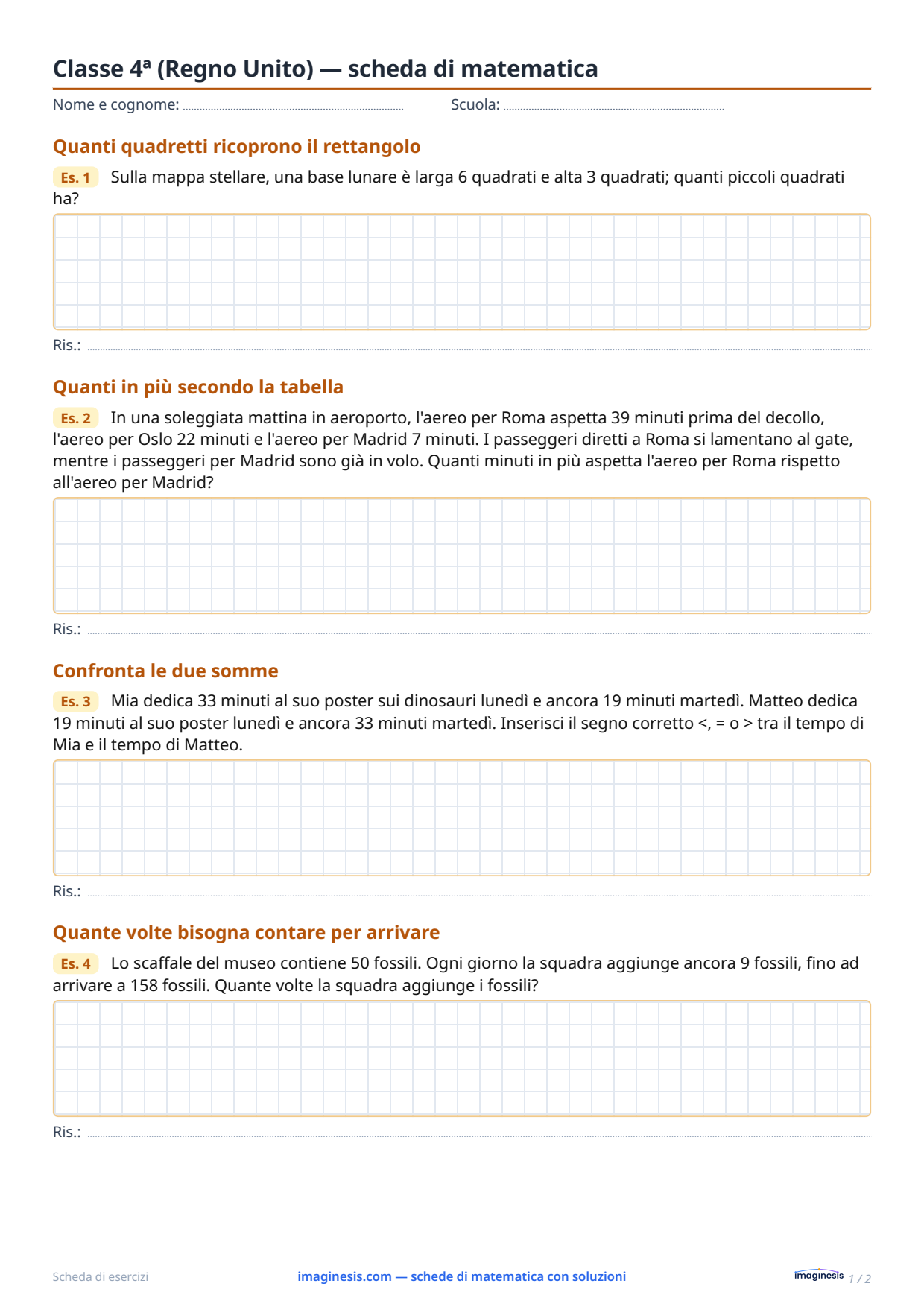 Classe 4ª (Regno Unito) — scheda di matematica — Scheda dello studente: scheda di matematica da stampare (Classe 4ª, Regno Unito)