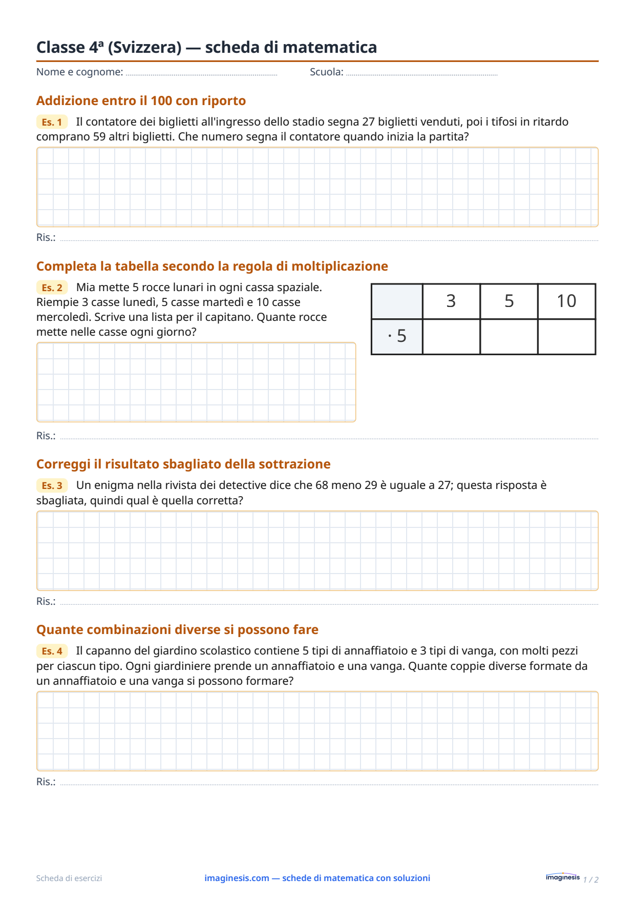 Classe 4ª (Svizzera) — scheda di matematica — Scheda dello studente: scheda di matematica da stampare (Classe 4ª, Svizzera)