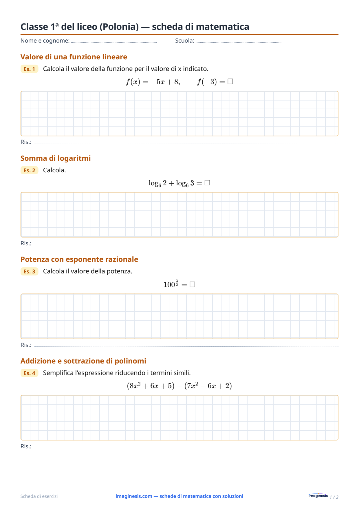Classe 1ª del liceo (Polonia) — scheda di matematica — Scheda dello studente: scheda di matematica da stampare (Classe 1ª del liceo, Polonia)