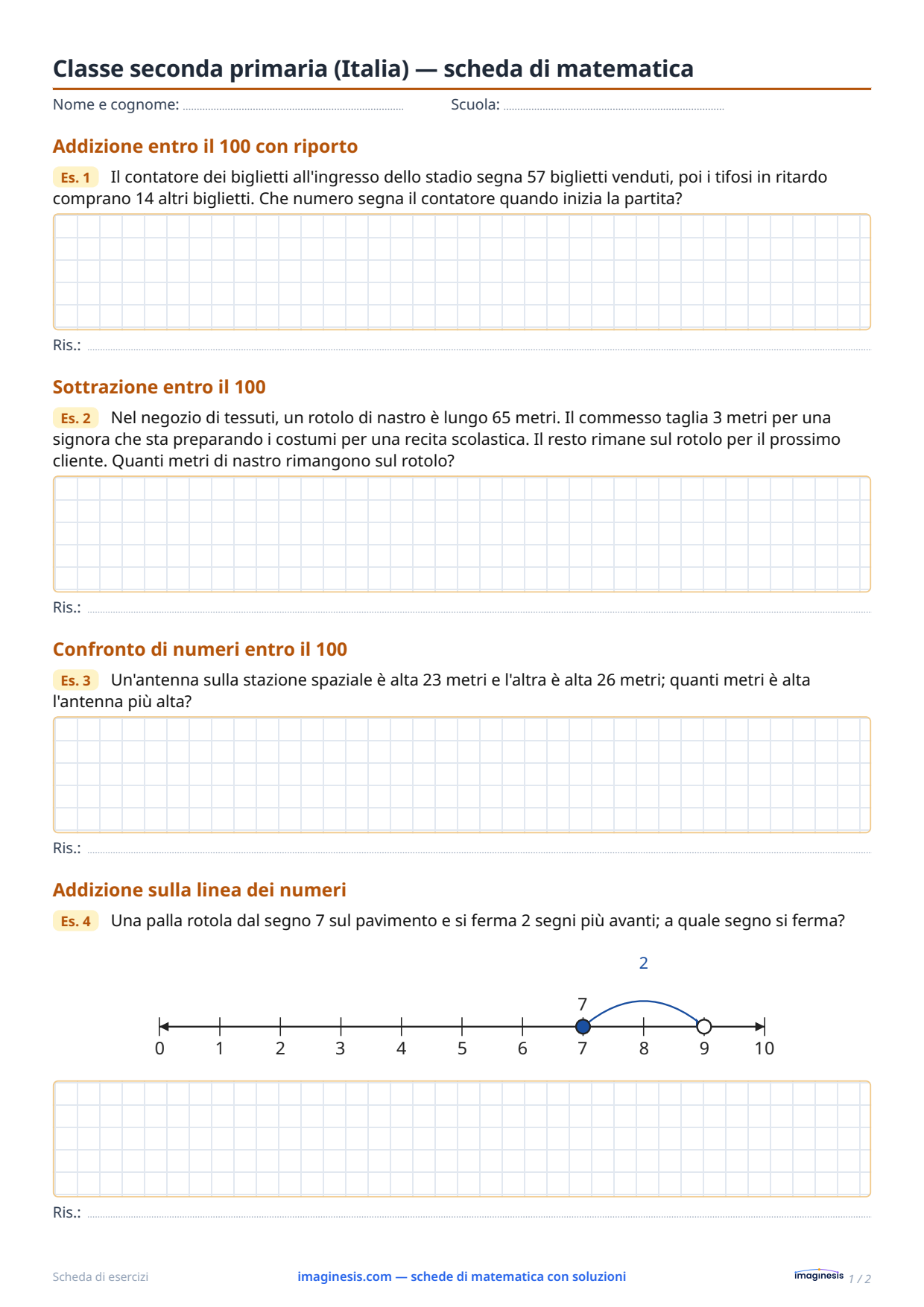 Classe seconda primaria (Italia) — scheda di matematica — Scheda dello studente: scheda di matematica da stampare (Classe seconda primaria, Italia)