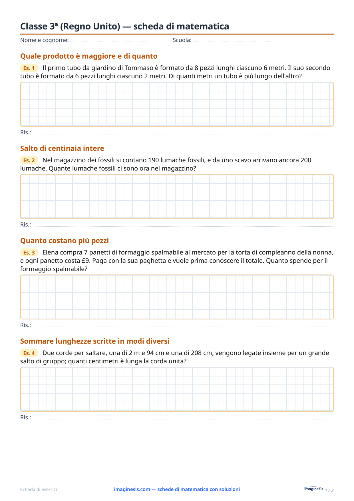 Classe 3ª (Regno Unito) — scheda di matematica — Scheda dello studente: scheda di matematica da stampare (Classe 3ª, Regno Unito)