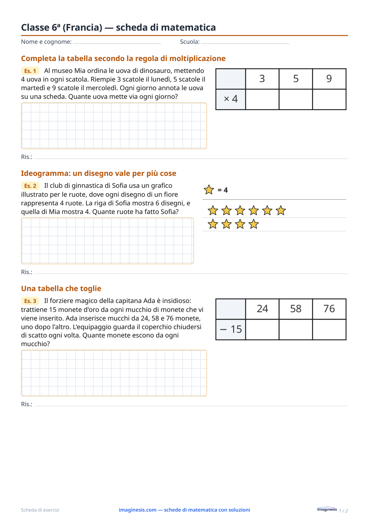 Classe 6ª (Francia) — scheda di matematica — Scheda dello studente: scheda di matematica da stampare (Classe 6ª, Francia)