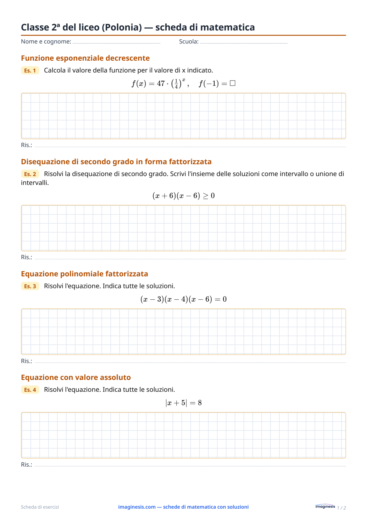 Classe 2ª del liceo (Polonia) — scheda di matematica — Scheda dello studente: scheda di matematica da stampare (Classe 2ª del liceo, Polonia)
