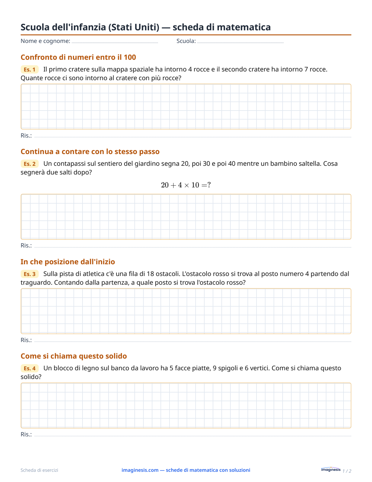 Scuola dell'infanzia (Stati Uniti) — scheda di matematica — Scheda dello studente: scheda di matematica da stampare (Scuola dell'infanzia, Stati Uniti)