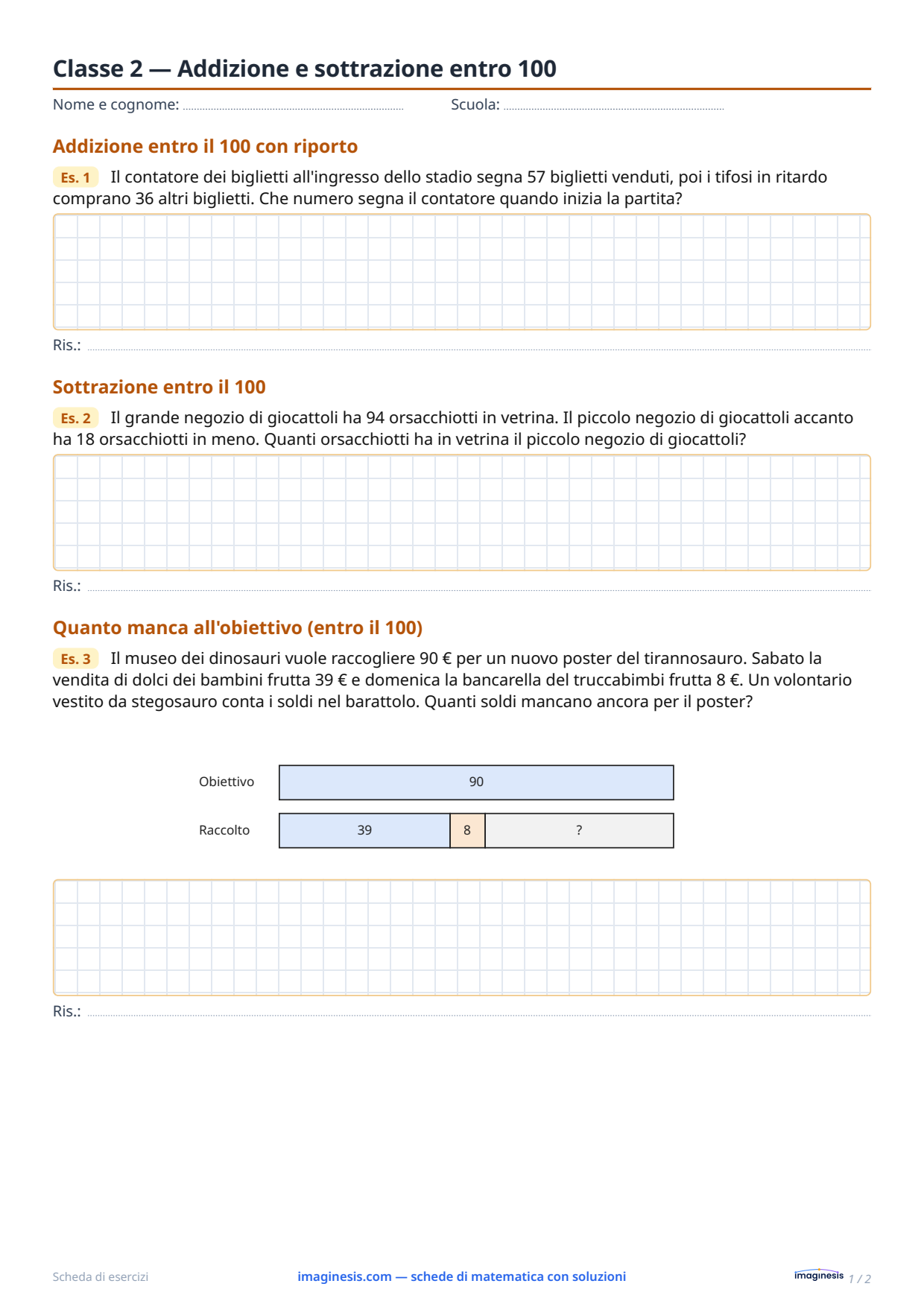 Classe 2 — Addizione e sottrazione entro 100 — Scheda dello studente: scheda di matematica da stampare (Classe 2ª, Germania)