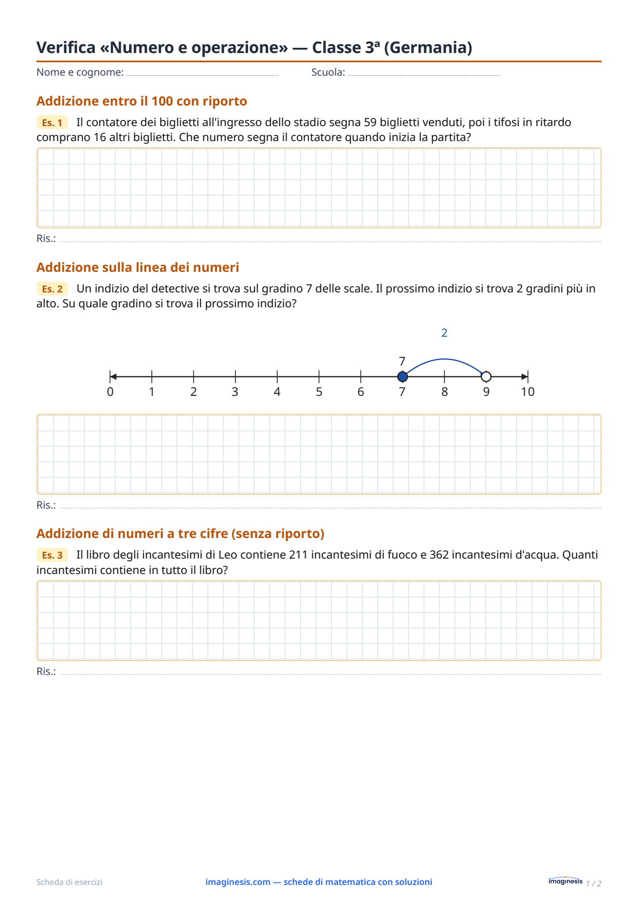 Verifica «Numero e operazione» — Classe 3ª (Germania) — Scheda dello studente: scheda di matematica da stampare (Classe 3ª, Germania)