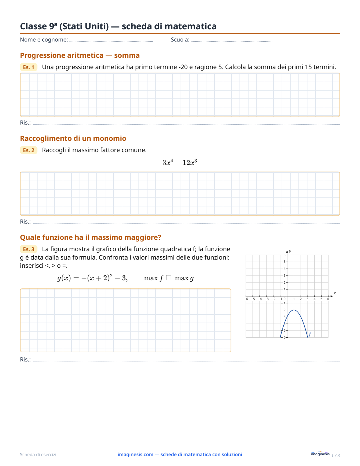 Classe 9ª (Stati Uniti) — scheda di matematica — Scheda dello studente: scheda di matematica da stampare (Classe 9ª, Stati Uniti)
