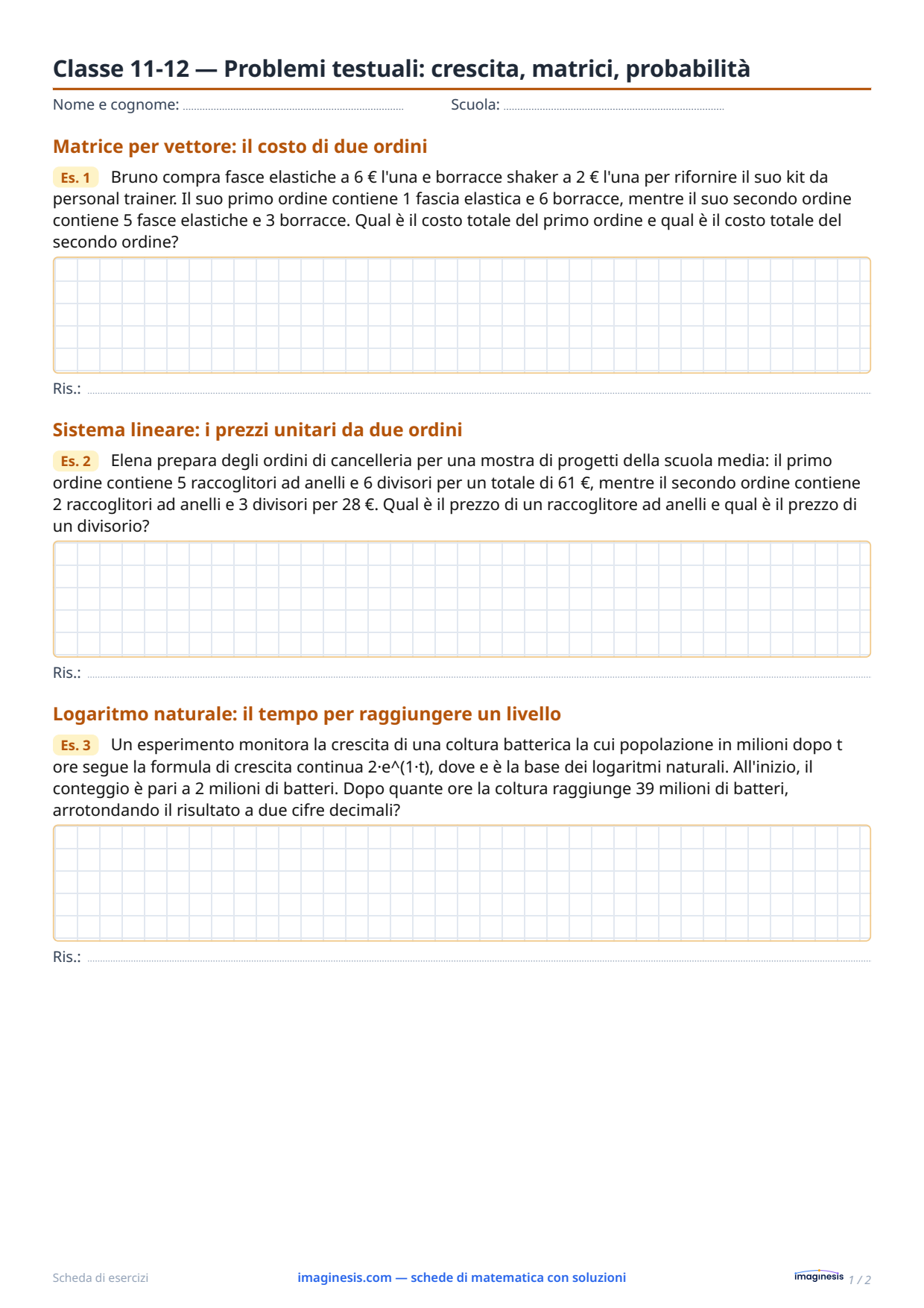 Classe 11-12 — Problemi testuali: crescita, matrici, probabilità — Scheda dello studente: scheda di matematica da stampare (Classi 11–12, Germania)