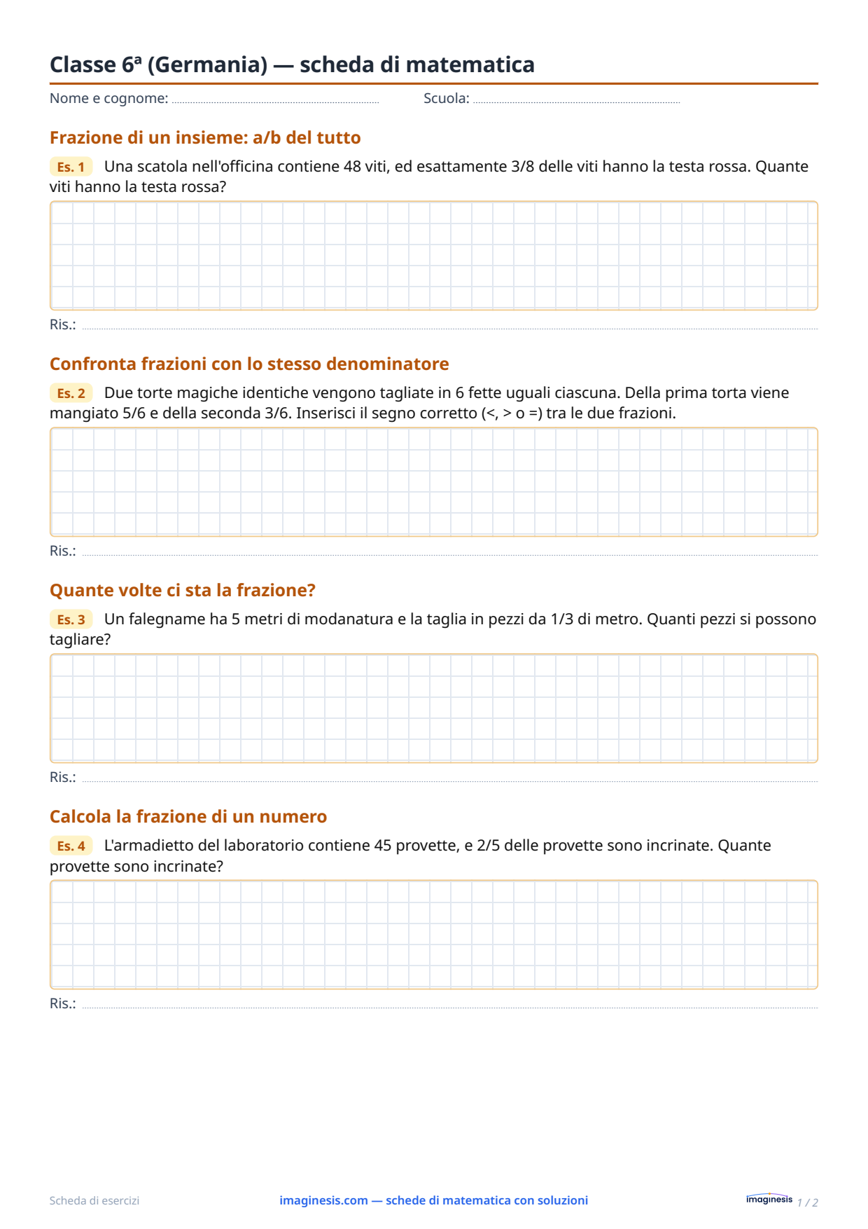Classe 6ª (Germania) — scheda di matematica — Scheda dello studente: scheda di matematica da stampare (Classe 6ª, Germania)