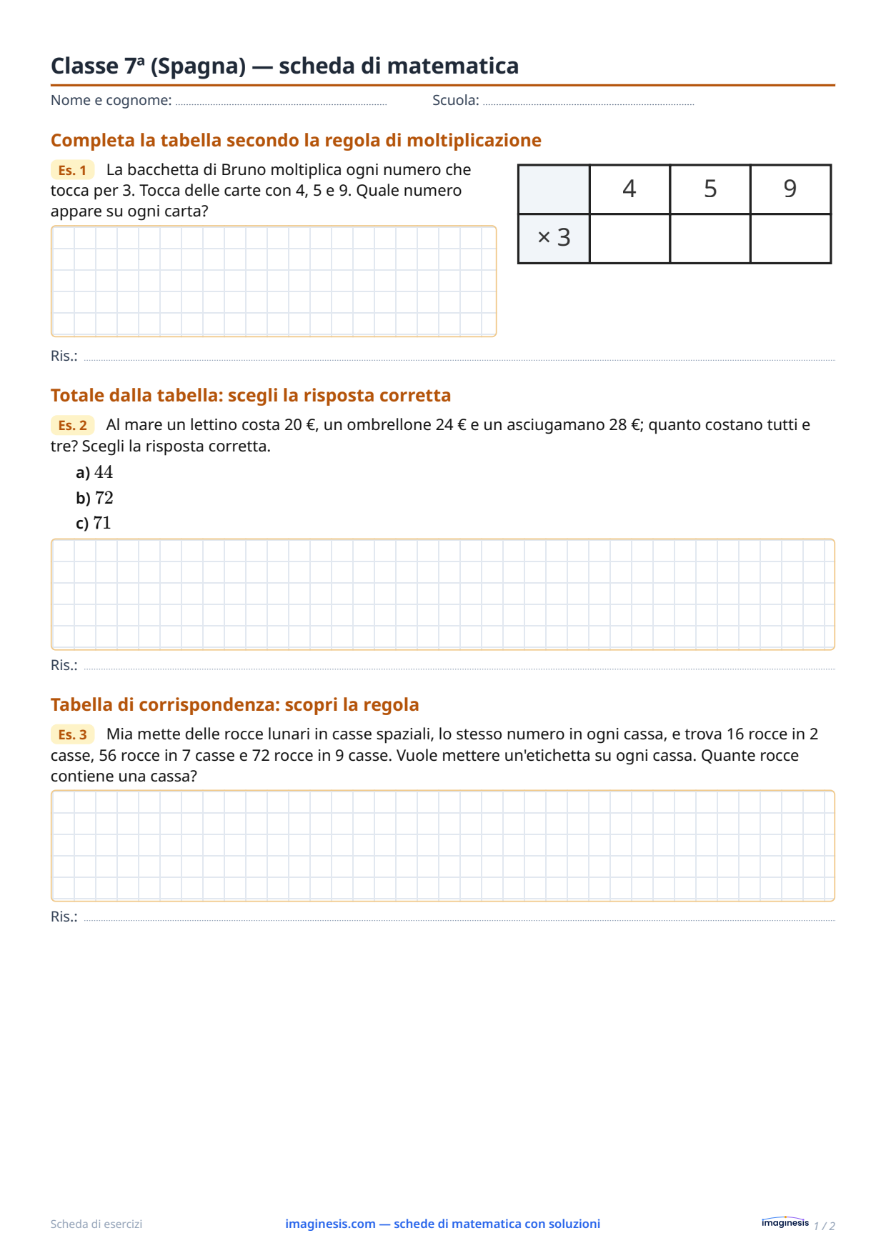 Classe 7ª (Spagna) — scheda di matematica — Scheda dello studente: scheda di matematica da stampare (Classe 7ª, Spagna)