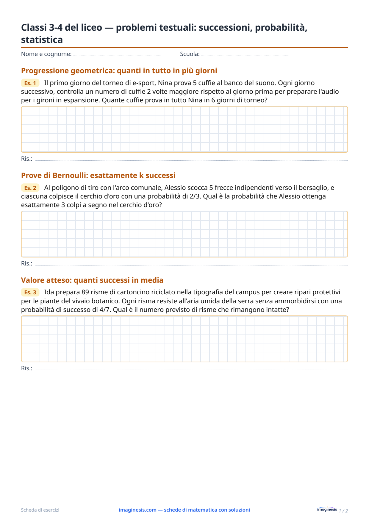 Classi 3-4 del liceo — problemi testuali: successioni, probabilità, statistica — Scheda dello studente: scheda di matematica da stampare (Classi 11–12, Polonia)