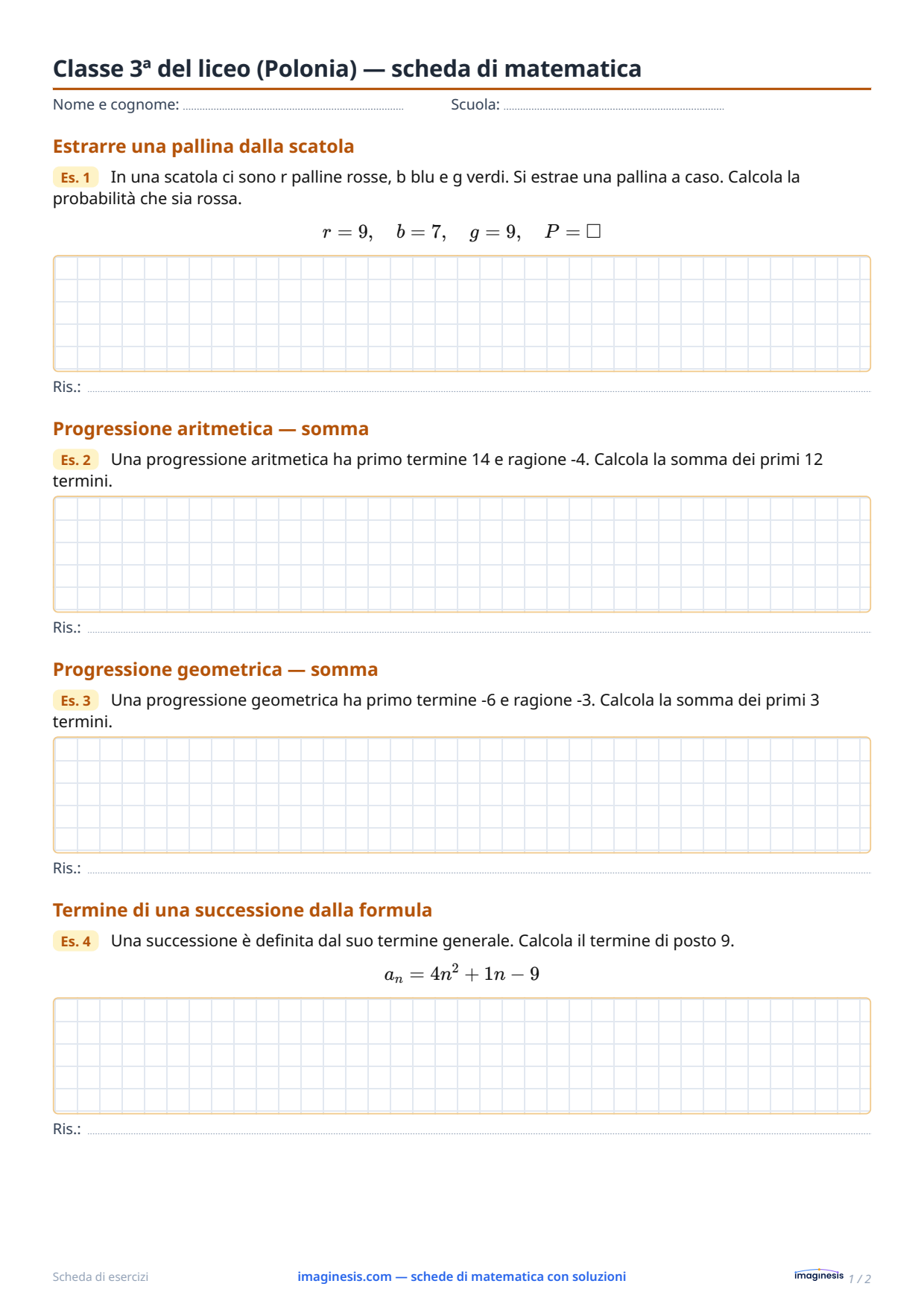 Classe 3ª del liceo (Polonia) — scheda di matematica — Scheda dello studente: scheda di matematica da stampare (Classe 3ª del liceo, Polonia)