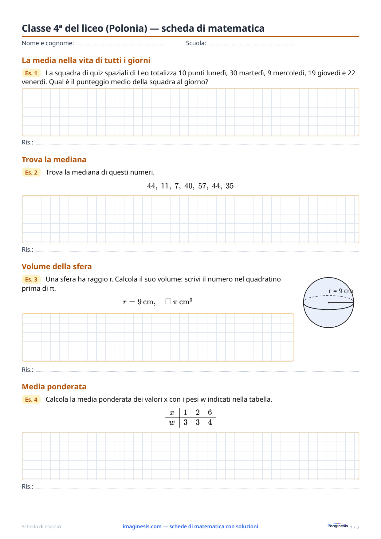Classe 4ª del liceo (Polonia) — scheda di matematica — Scheda dello studente: scheda di matematica da stampare (Classe 4ª del liceo, Polonia)