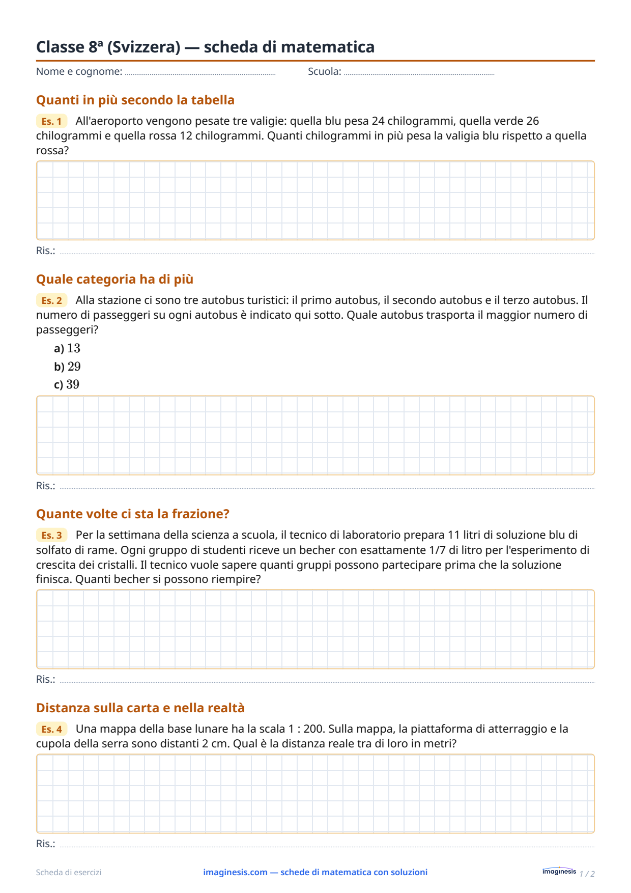Classe 8ª (Svizzera) — scheda di matematica — Scheda dello studente: scheda di matematica da stampare (Classe 8ª, Svizzera)