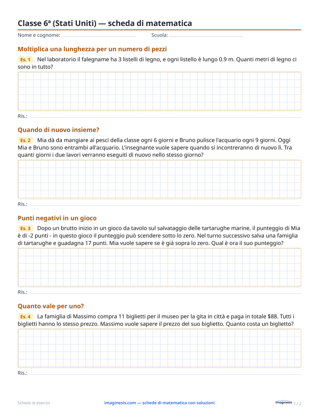 Classe 6ª (Stati Uniti) — scheda di matematica — Scheda dello studente: scheda di matematica da stampare (Classe 6ª, Stati Uniti)