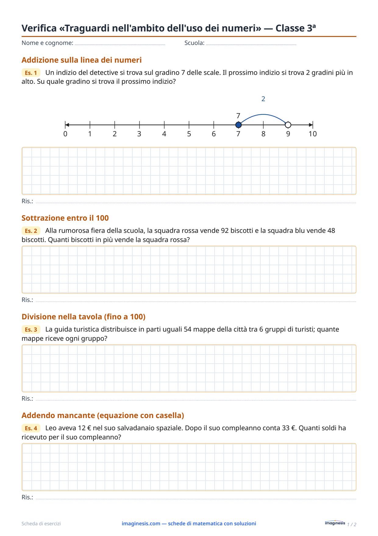 Verifica «Traguardi nell'ambito dell'uso dei numeri» — Classe 3ª — Scheda dello studente: scheda di matematica da stampare (Classe 3ª, Polonia)