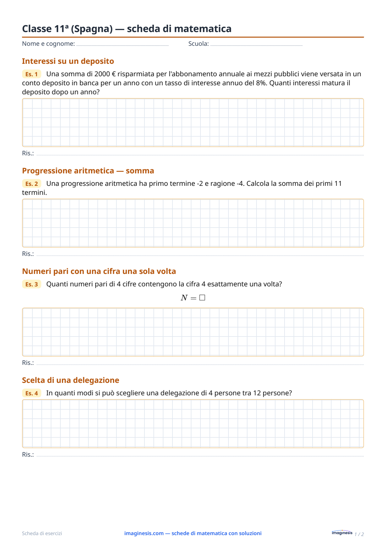 Classe 11ª (Spagna) — scheda di matematica — Scheda dello studente: scheda di matematica da stampare (Classe 11ª, Spagna)
