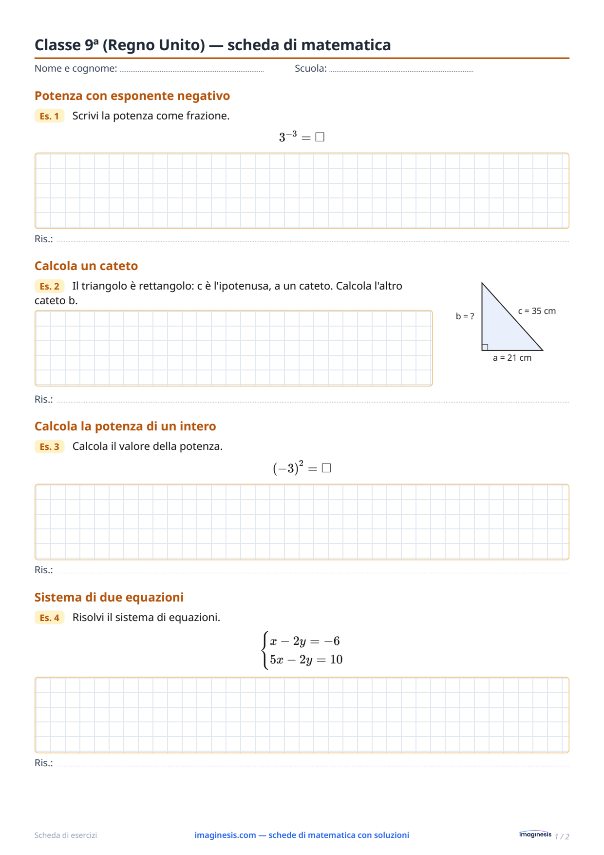 Classe 9ª (Regno Unito) — scheda di matematica — Scheda dello studente: scheda di matematica da stampare (Classe 9ª, Regno Unito)