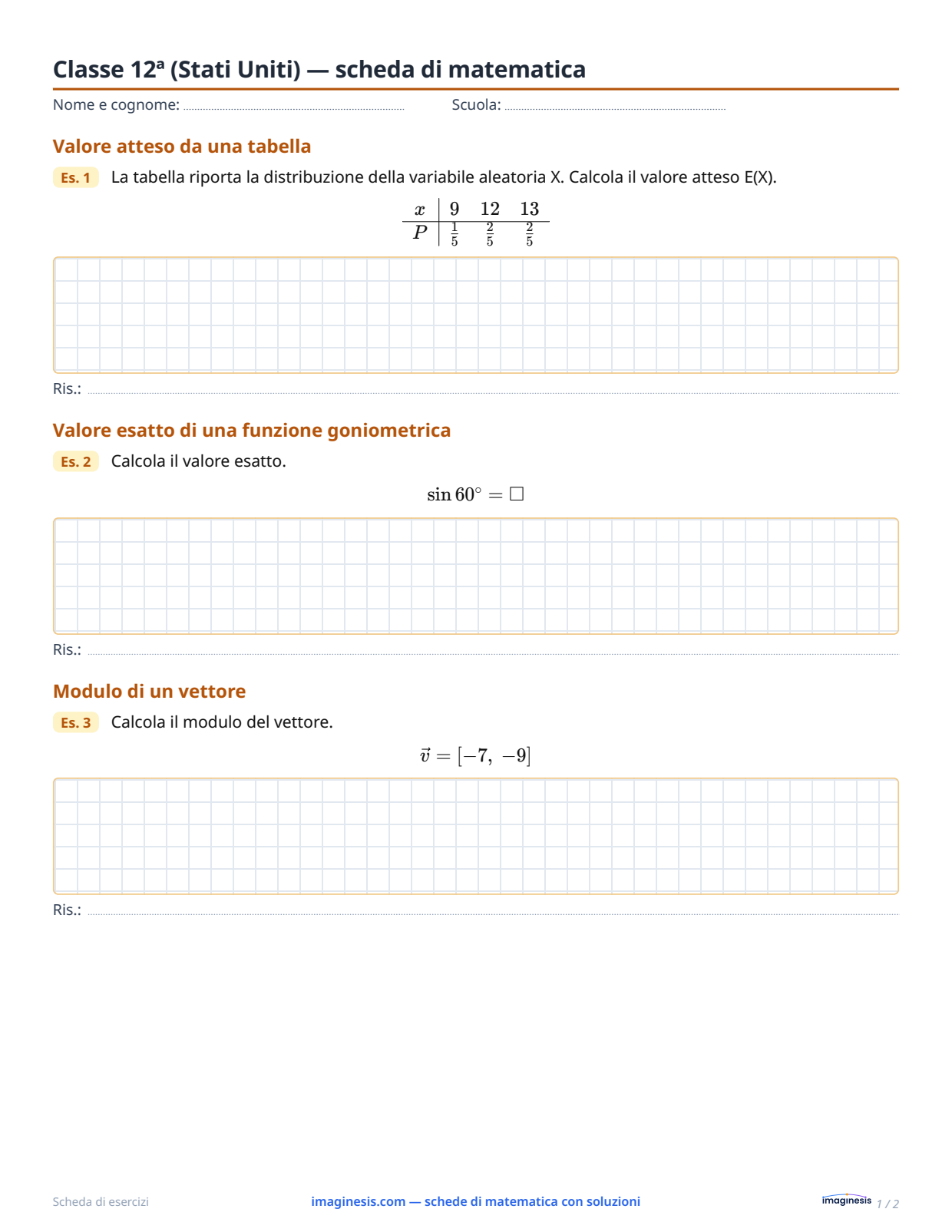 Classe 12ª (Stati Uniti) — scheda di matematica — Scheda dello studente: scheda di matematica da stampare (Classe 12ª, Stati Uniti)